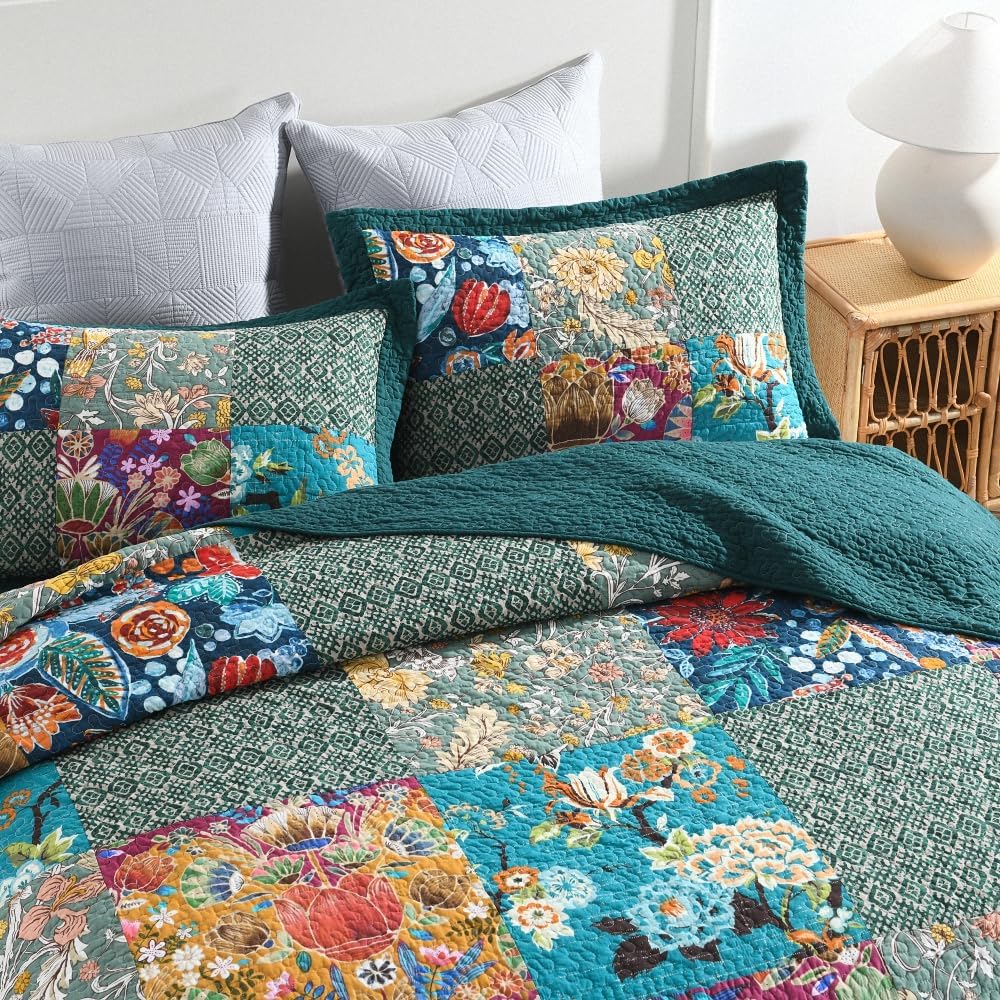 Bedspread Quilt Sets Reversible Bedding Coverlet Sets Comforters, Patchwork  Floral Turquoise Bedspread,  Size