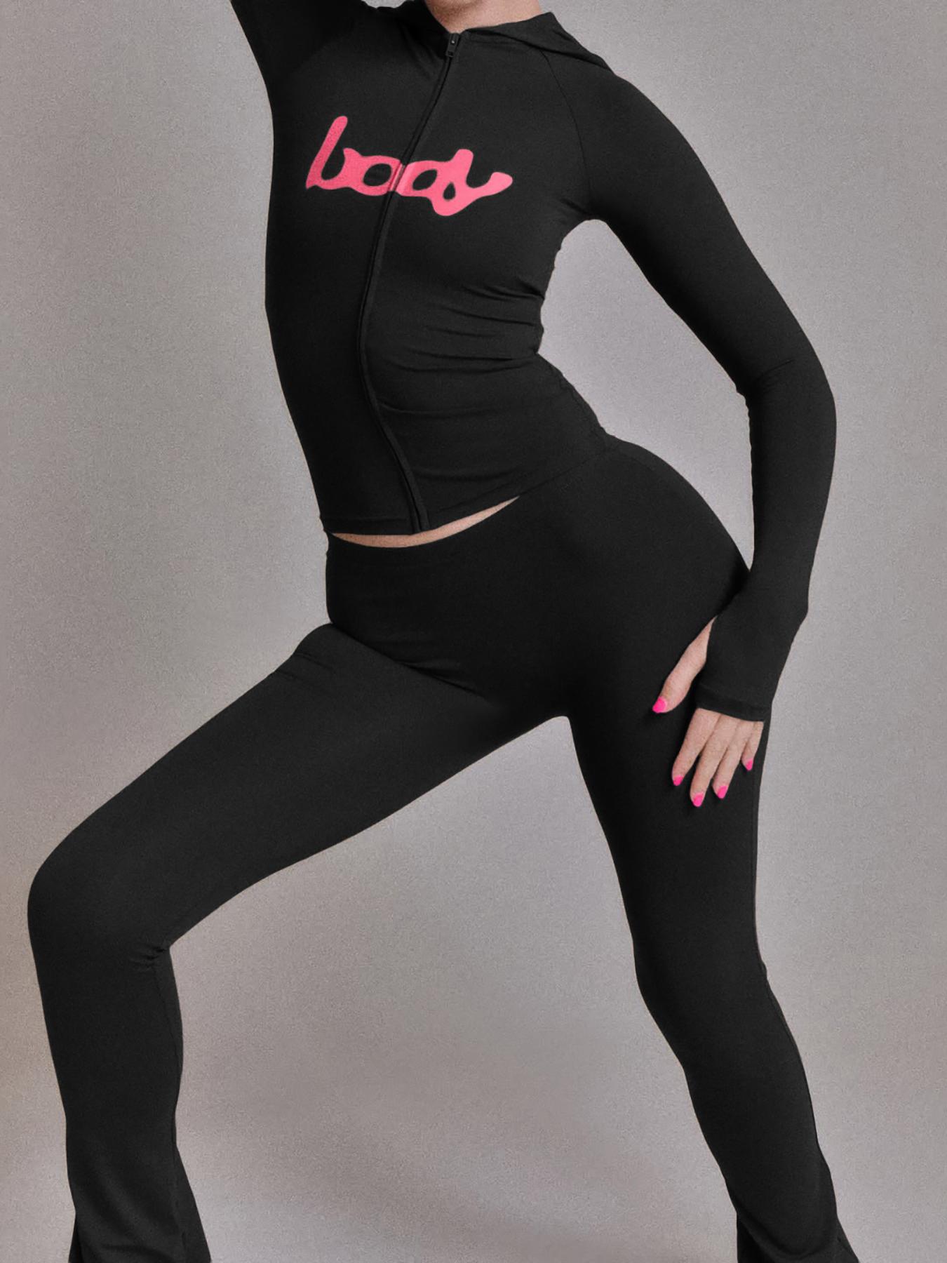 Women's Fall Fashion Hooded Letter Print Zipper Skinny Sports Pants Set, Casual Long Leggings, Slim Fit, Trendy, Sweatsuit Set, Tracksuit Set, Fitness Sport Outfits