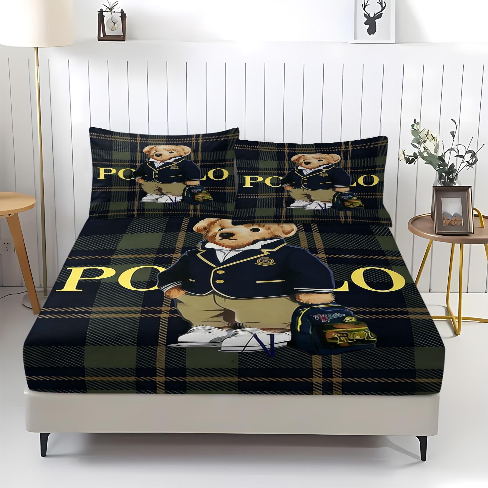 Teddy Bear Pattern Bed Sheet, Comfortable Printed Pattern, Includes 1 Bed Sheet and 2 Pillowcases, Comfortable Bedding, Non slip Dust Cover Suitable for Bedroom and Guest Room, Suitable as a Gift for Children or Adults