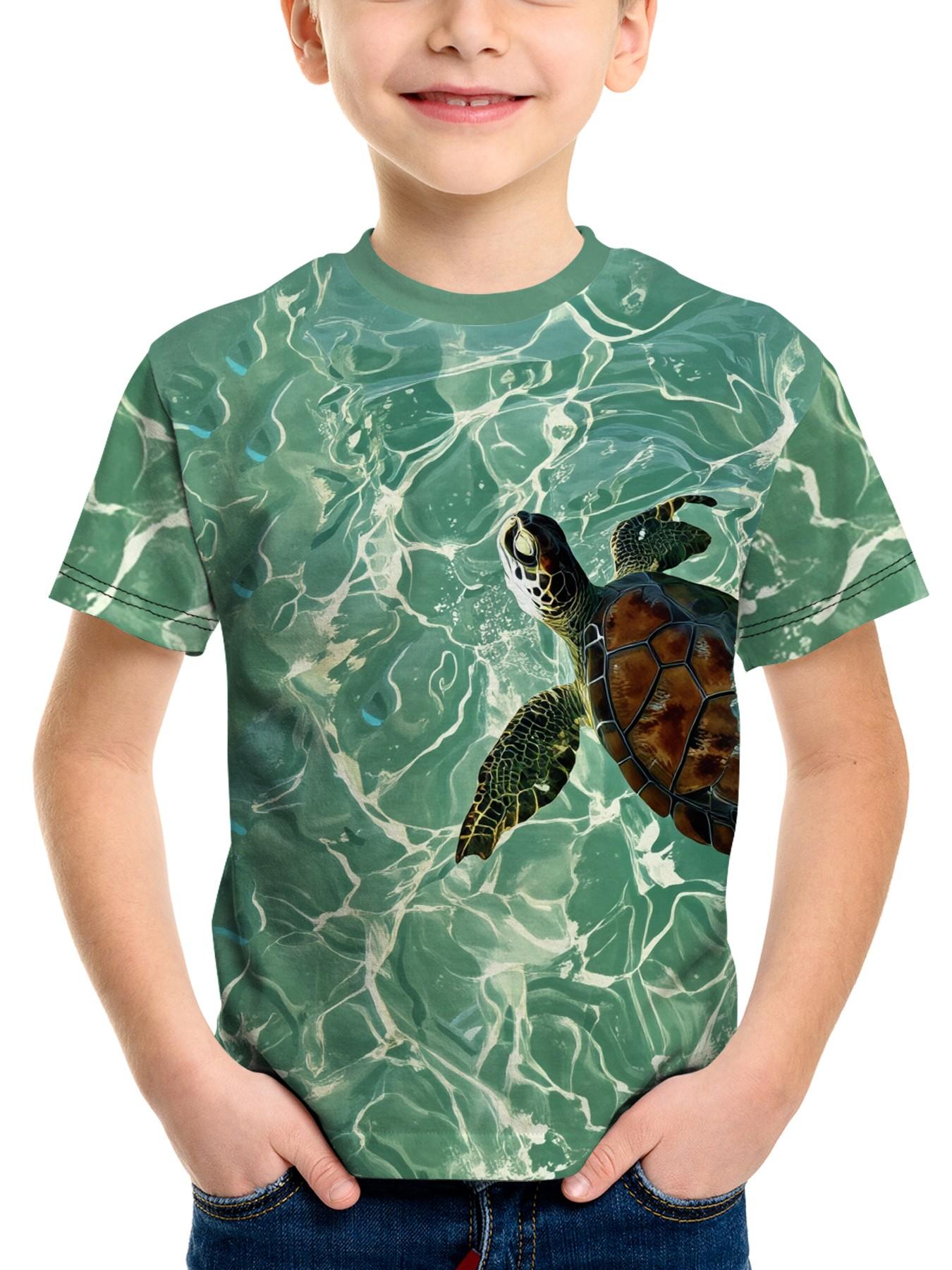 Boys' 3D Turtle Swim Print Short Sleeve T-Shirt, Casual Ocean Style Round Neck, Slim-Fitting Long T-Shirt for Middle School Boys
