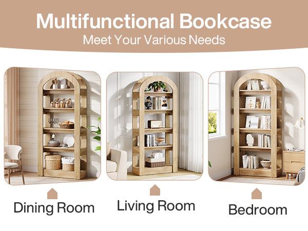 LITTLE TREE 5-Tier Bookshelf, Arch-Shaped Racks, Tall Standing Wooden Bookcase Display Shelf Modern Storage Solution