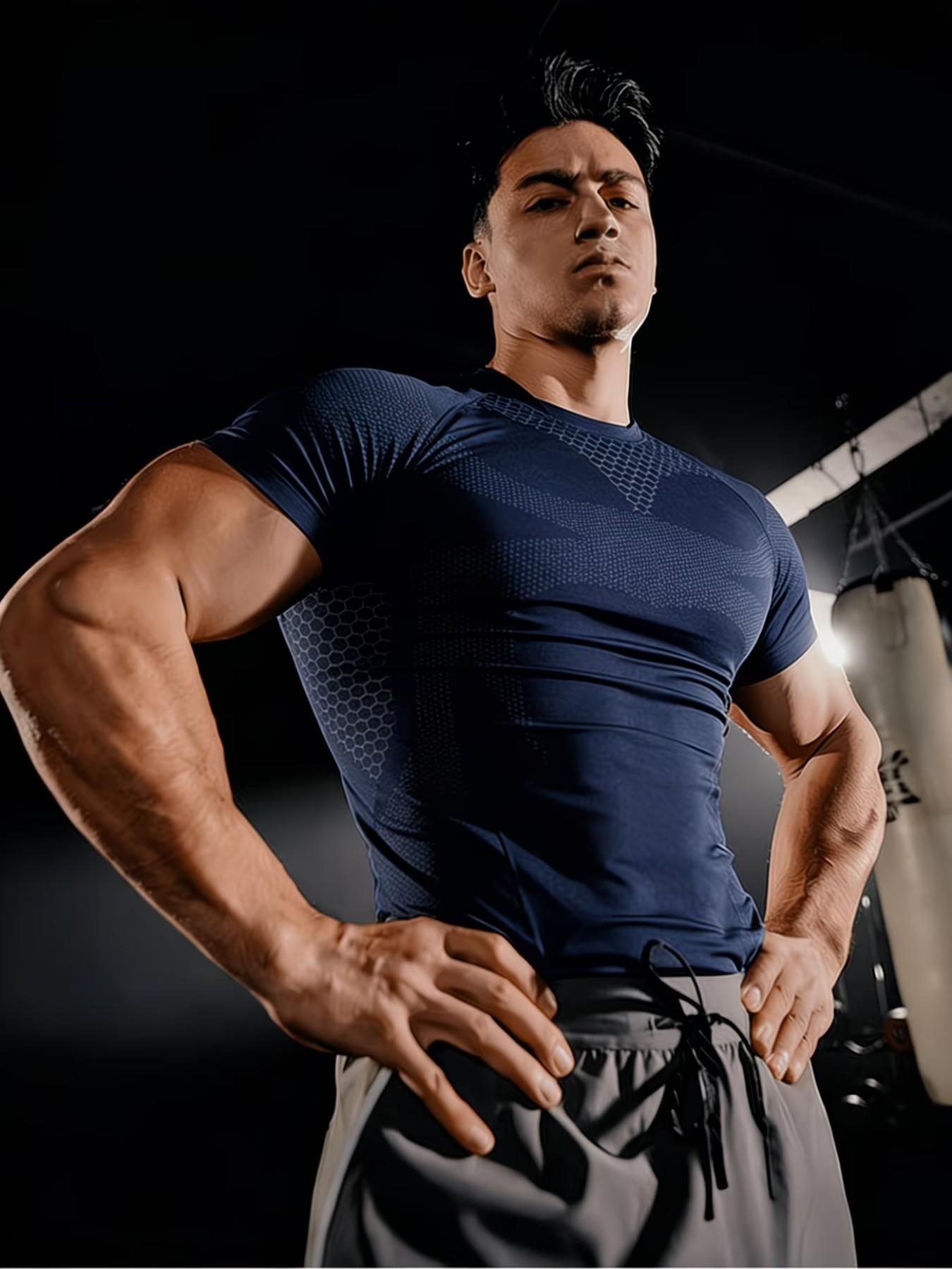 Men's Honeycomb Patchwork Quick-Dry Fitted T-Shirt, Stretch Breathable Wrinkle-Resistant, Boxing Running Fitness Daily Wear