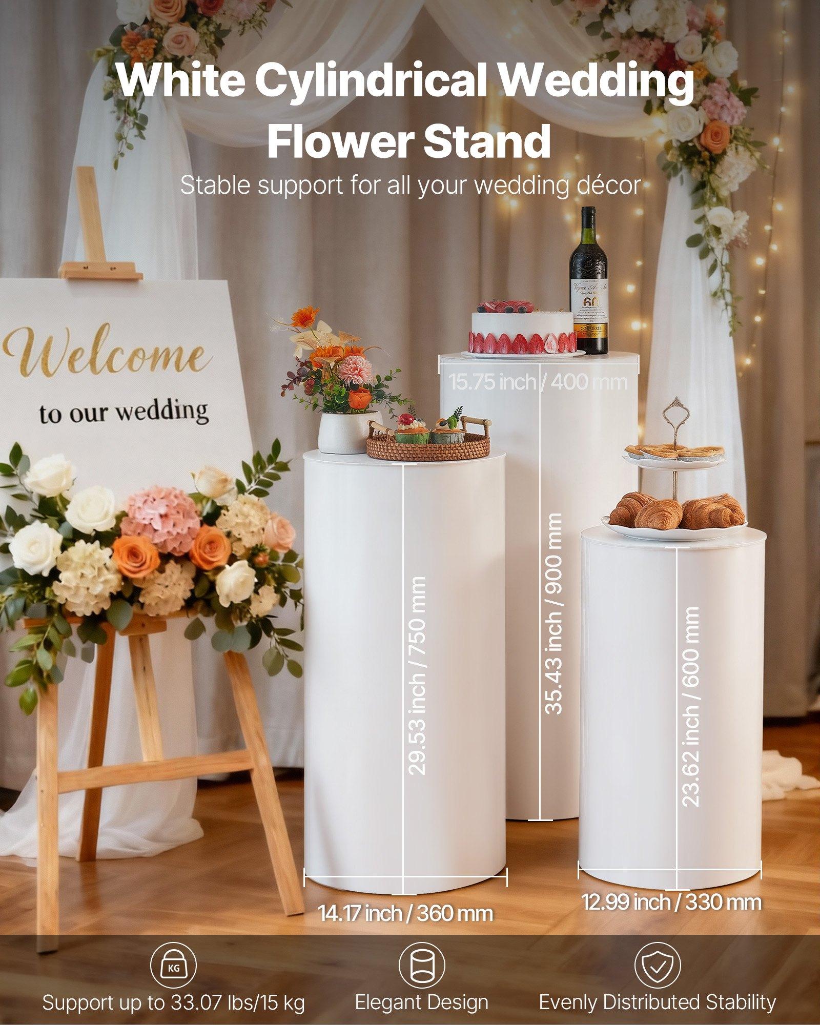 VEVOR Wedding Flower Stand, 3PCS 23.62/29.53/35.43 inch Round Cylinder Plinth, White Pedestal Stand with PVC Lid, Cylindrical Pedestal Stands for Wedding, Party, Birthday, Art Decor, 33.07 lbs Load
