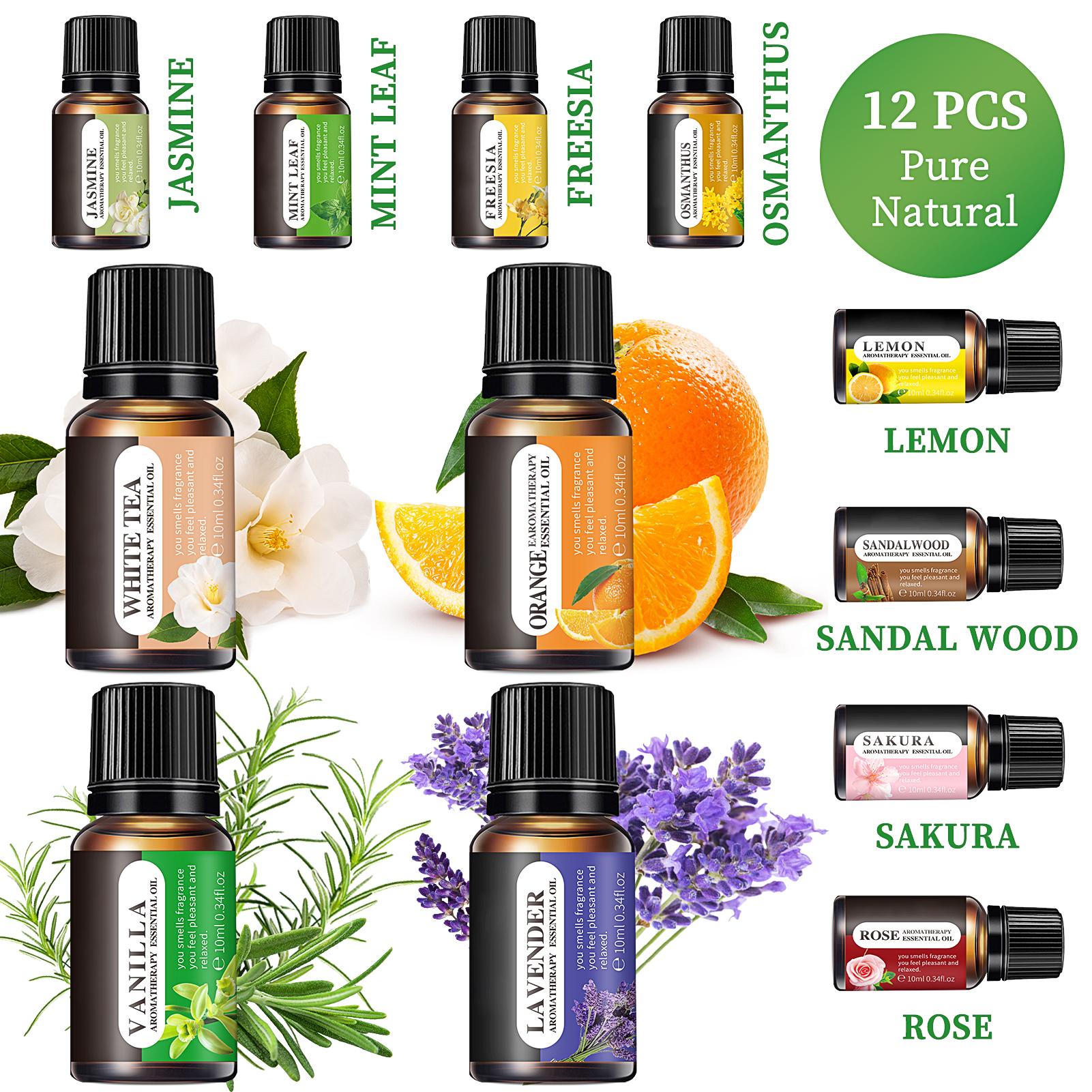 Essential Oils Set, 10 ML Bottles Set For Home Care, Fragrance, Humidifiers, Difusors & Aromatherapy Oils Set Gifts, Mint Leaf, White Tea, Lavender, Lemon, Orange, Osmanthus, Vanilla, Sakura, Rose, Freesia, Sandalwood, Jasmine