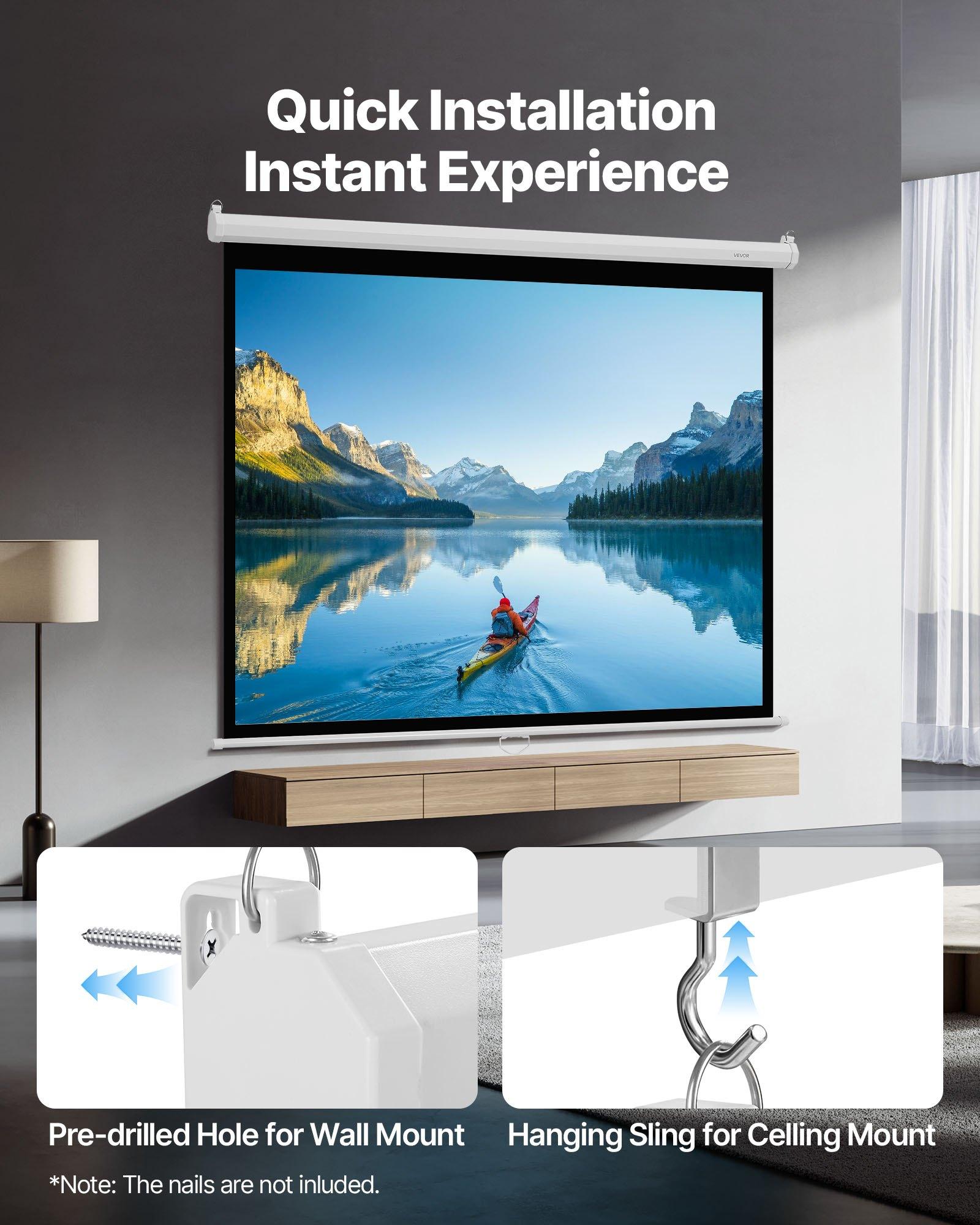 VEVOR Manual Projector Screen, 72 inch 4: 3 4K 1080 HD Retractable Pull Down Projector Screen, Wall Mounted Movie Projection with Pull Rope, Portable Display Projectoin for Family Home Office Theater, Iron, 3D