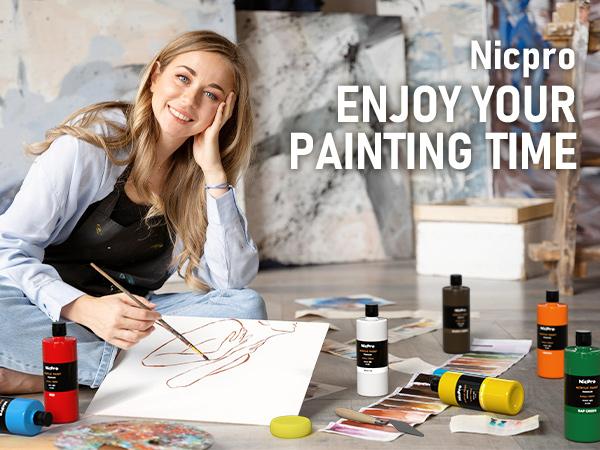 Nicpro 24 Colors Large Bulk Acrylic Paint Set (8.45 oz,250 ml) Non Toxic Artist Painting Supplies for Multi Surface Canvas, Wood, Fabric Leather, Rock, Glass, Paper, Crafts, Hobby with Color Wheel