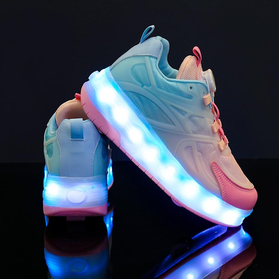 16 Color Modes USB Rechargeable LED Roller Shoes for Boys Girls, EUR 28-40 Rotary Buckle Breathable Mesh Light Up Wheels Sneakers, Kids Teens Luminous Roller Skates Shoes, Single Double Wheels Heelys for Outdoor Sports, Birthday Gifts for US EU KSA JP