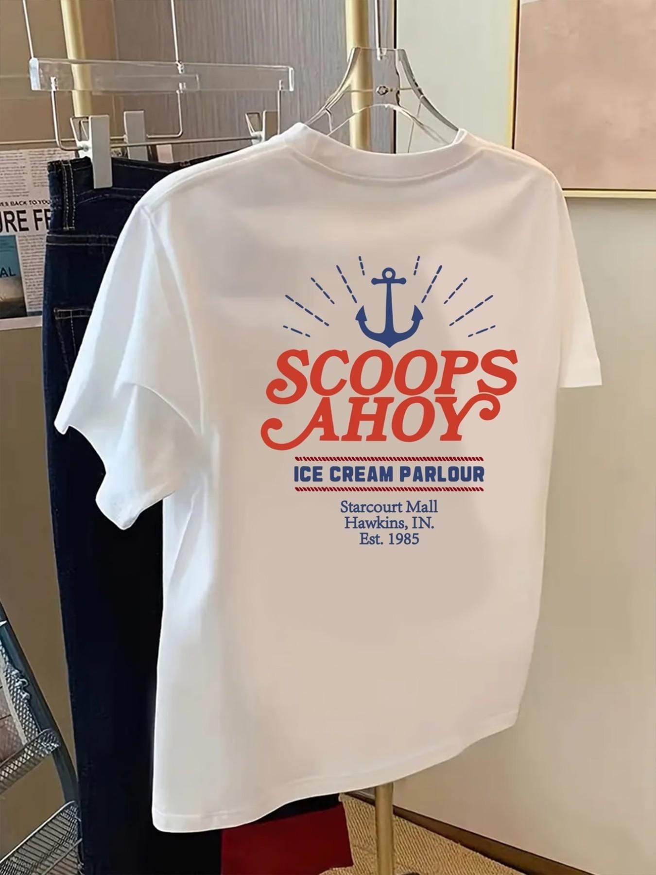 Women's Scoops Ahoy Oversized T-Shirt, Stranger Things Ice Cream Parlour Graphic Tee, 80s Retro Nostalgic Short Sleeve Casual Top for Fans