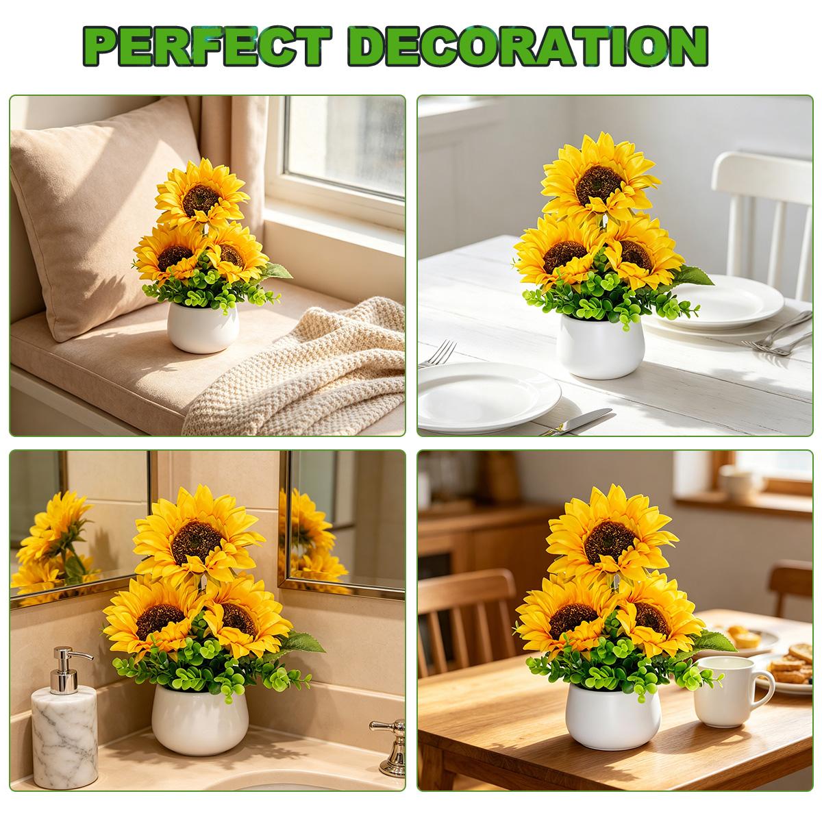 1pc Artificial Sunflower Arrangement in White Pot - Fake Yellow Sunflowers with Eucalyptus Greenery - No Maintenance Tabletop Decor for Home Office - Bright Floral Centerpiece, Housewarming Gift