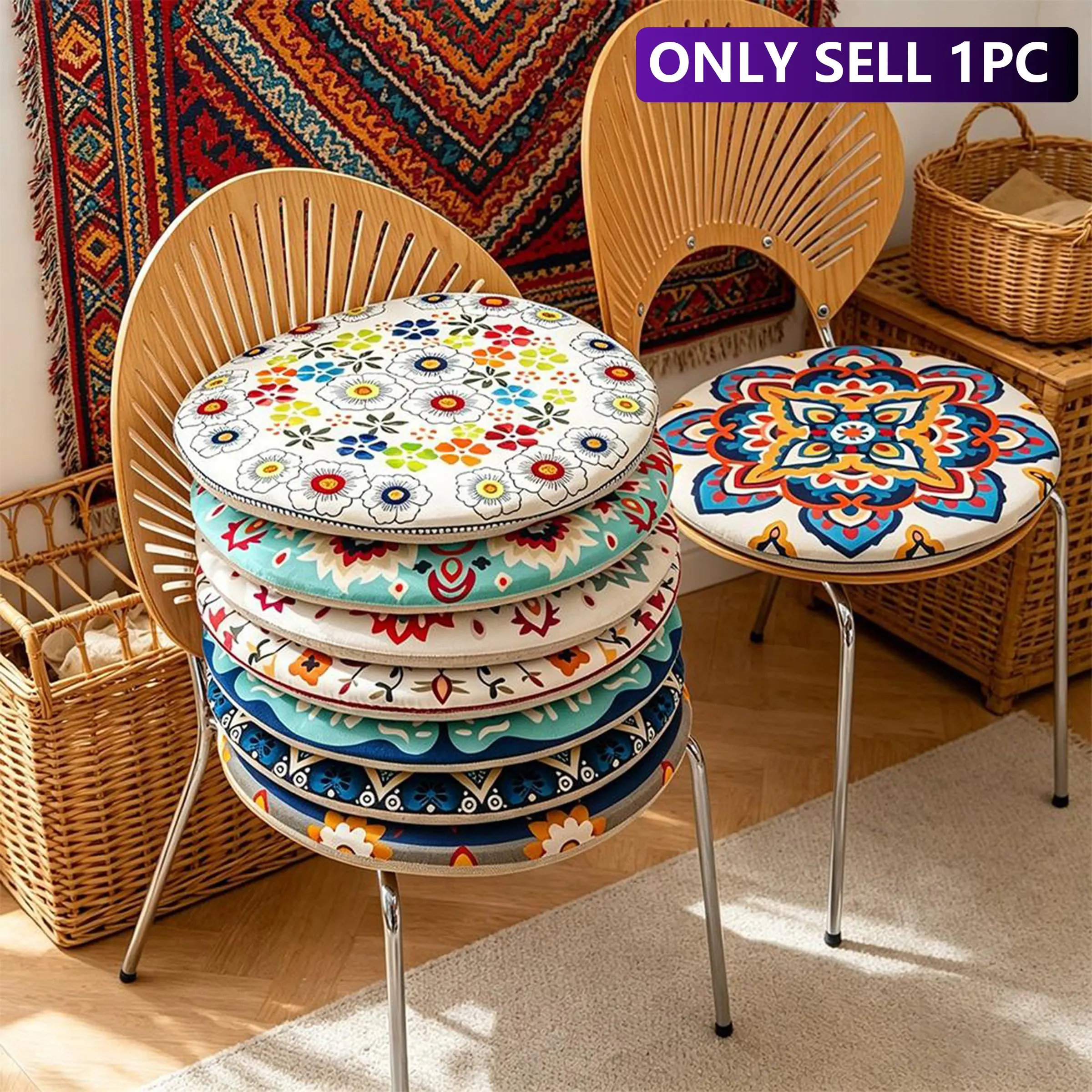 Vintage Ethnic Round Cushion, Bohemian Soft Comfort Chair Pad, Non-Slip Breathable Skin-Friendly, Universal for All Seasons