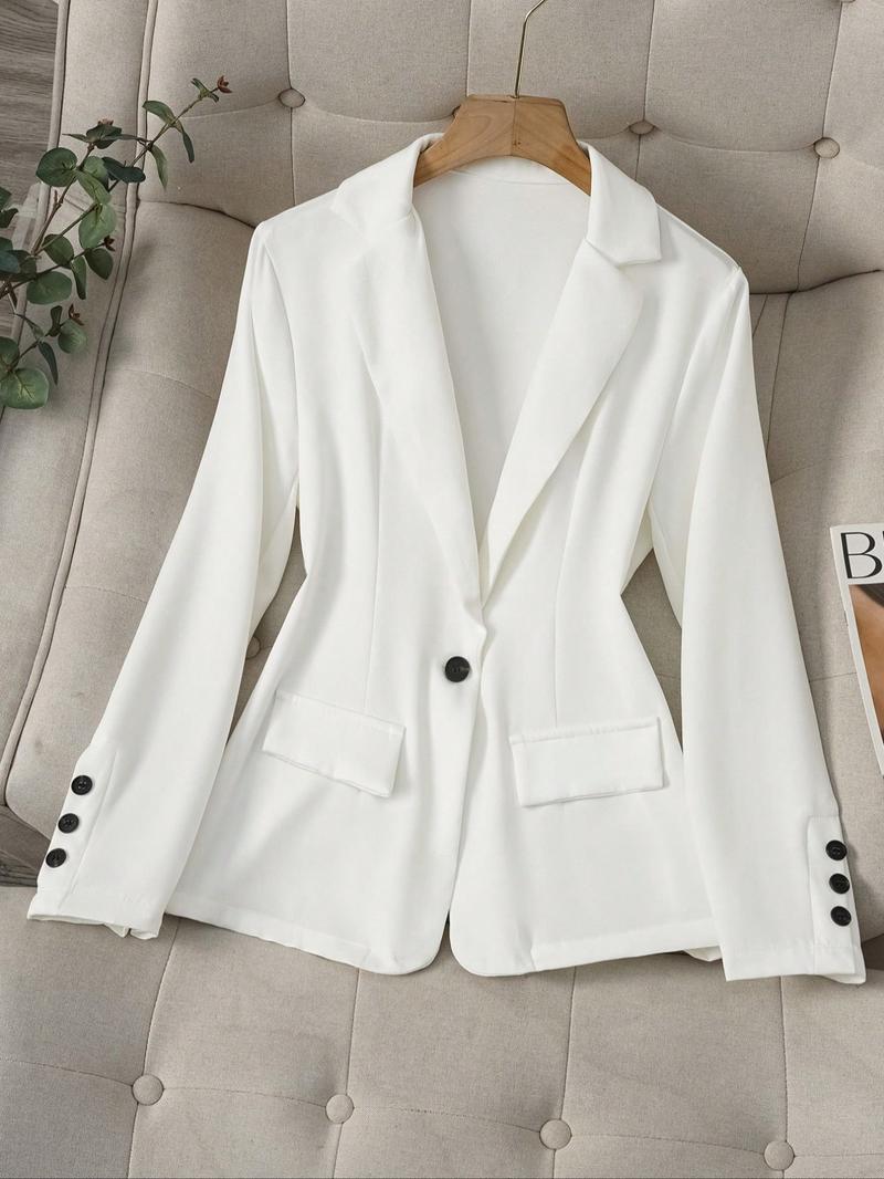 Women's Spring & Fall Solid Color Lapel Long Sleeve Single Button Casual Commuter Blazer Jacket, Fitted Plain Design Women's Spring & Fall Solid Color Lapel Long Sleeve Single Button Casual Commuter Blazer Jacket, Fitted Plain Design