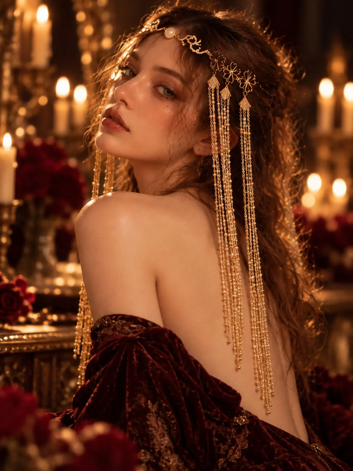 1 Piece Gold-Tone Tassel Headpiece for Women, Ornate Forehead Chain with Long Beaded Side Fringe, Hanfu Hair Jewelry for Halloween Costumes, Fantasy Cosplay and Masquerade Parties