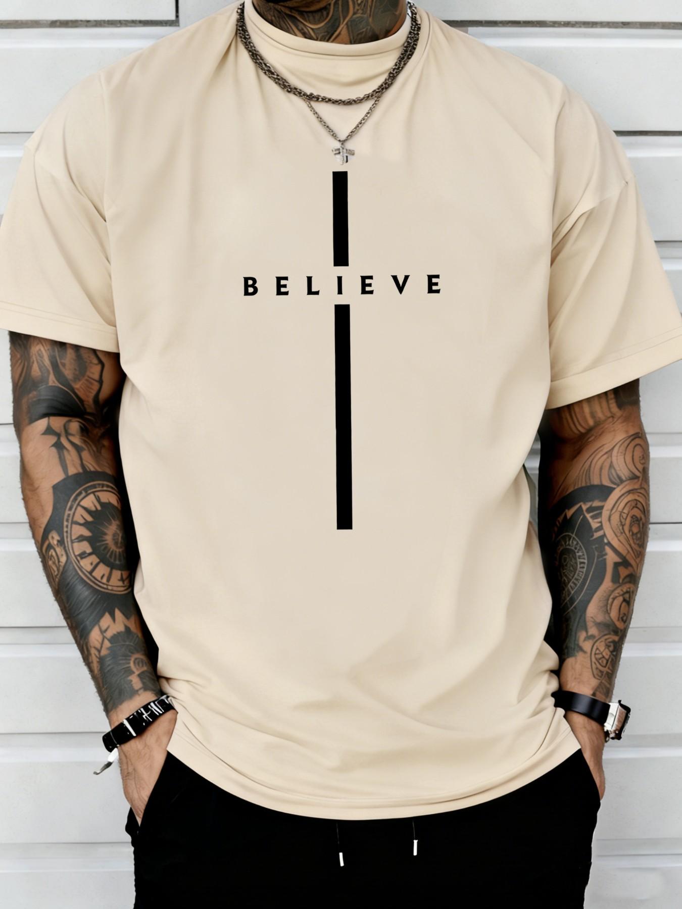 Men's "Believe" Vertical Cross Graphic T-Shirt, Christian Faith Casual Streetwear, Religious Minimalist Short Sleeve Top #ChristianApparel #FaithWear #ReligiousTee #MinimalistFashion #TikTokMadeMeBuyIt