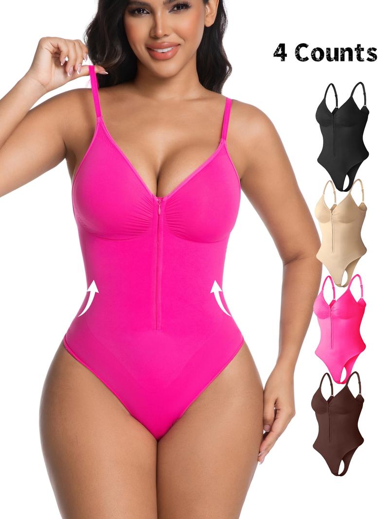 Women's Seamless Shapewear Bodysuit, Front Zipper Design, Tummy Control Thong Style, All Seasons Wearable, Comfortable Fit