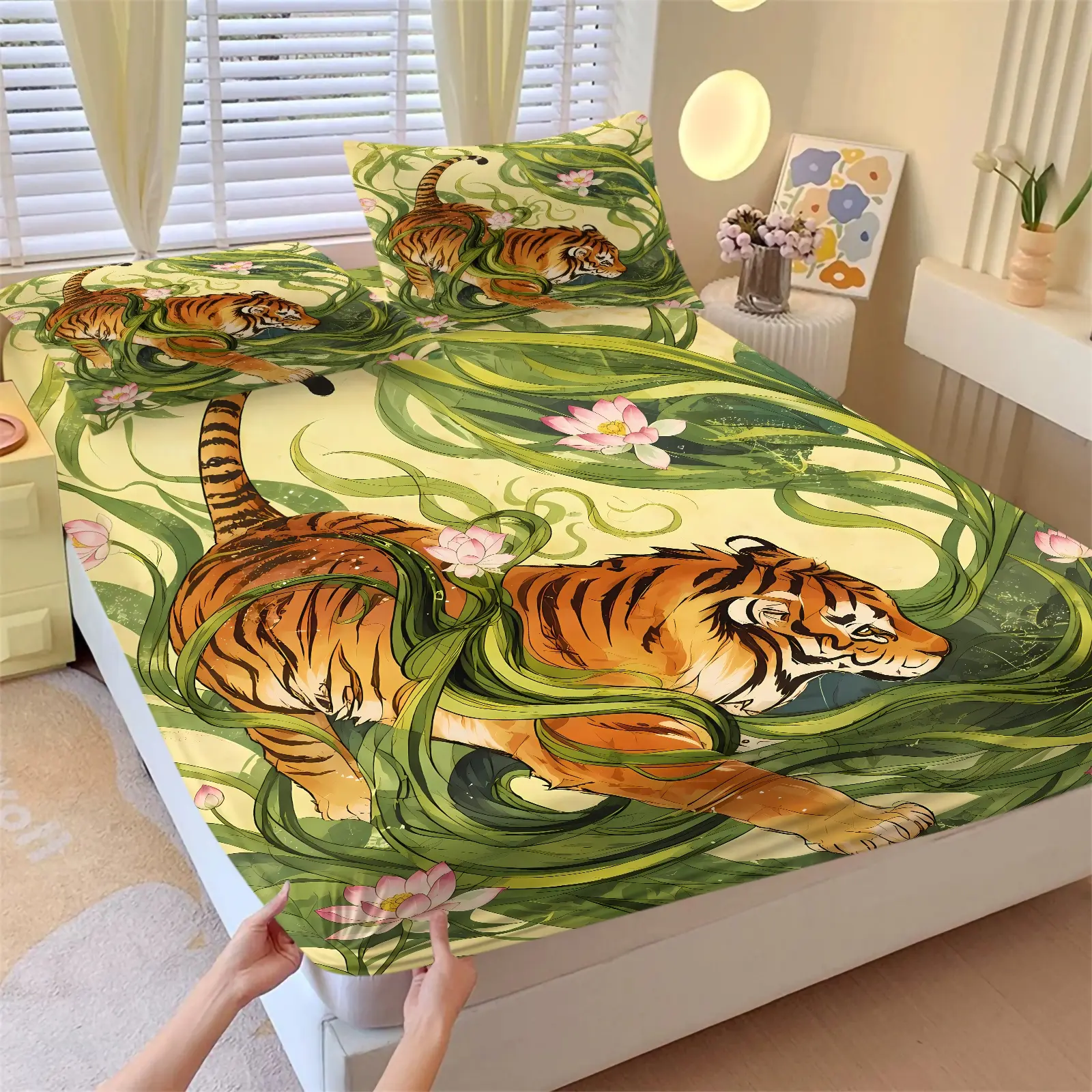 Aesthetic Vintage Chinese Tiger & Pink Lotus Print Fitted Sheet Set, 1 Fitted Sheet With 2 Pillowcases, Green Vine Flower Tiger Pattern Bedding Set All Size, Soft Elastic Non Slip Mattress Cover, Stylish Bed Sheet For Room Decor
