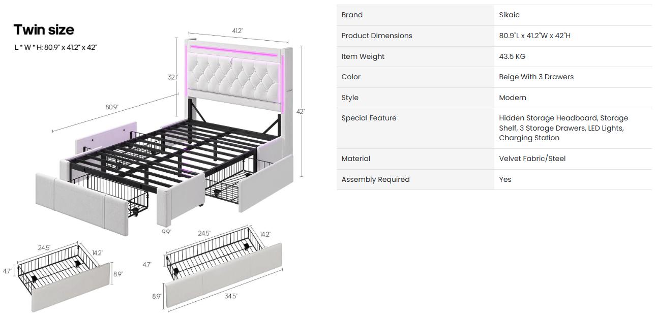 SIKAIC Twin Size Upholstered LED Bed Frame Beige Bedroom Set Unique Bedroom Furniture Headboard And Storage Platform Bedframe