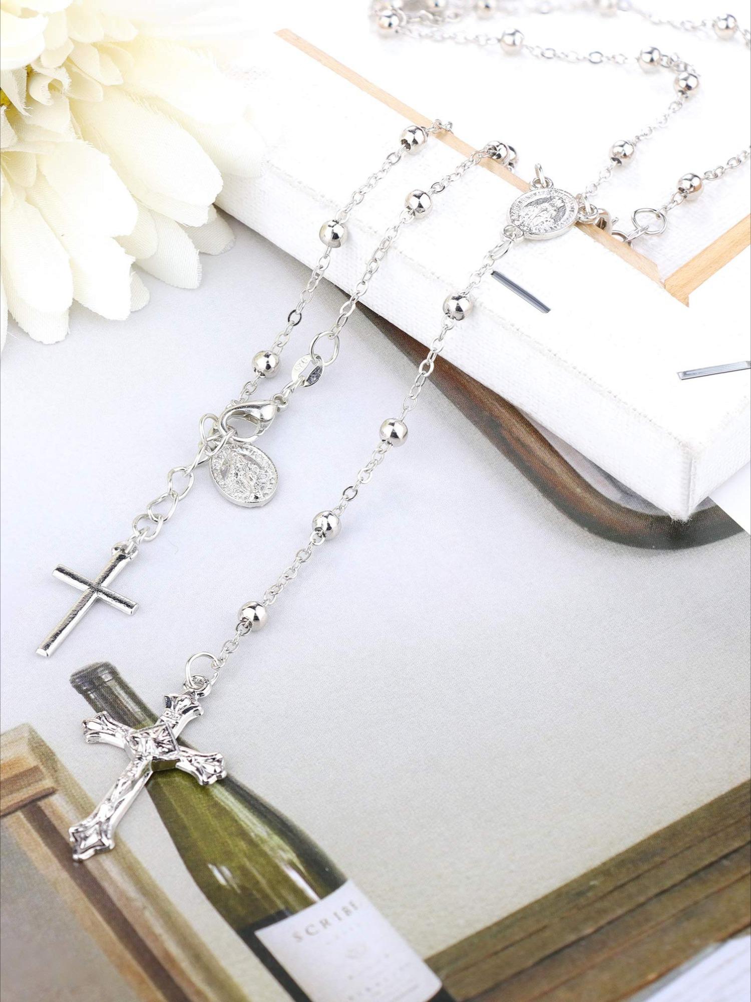 2 Pcs Silvery Unique Catholic Rosary Devotional Set for Women Men Elegant Rosary Necklace Bracelet with Miraculous Medal Cross Sacred Jewelry Gift for Baptism Confirmation Faithful Loved Ones
