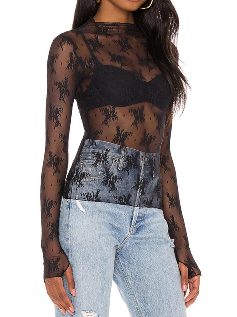 Women's Floral Layering Lace Tops With Thumb Hole, Mesh See Through Slim Shirt All Seasons, Micro Elasticity Long Sleeve Mock Neck Sxy Style