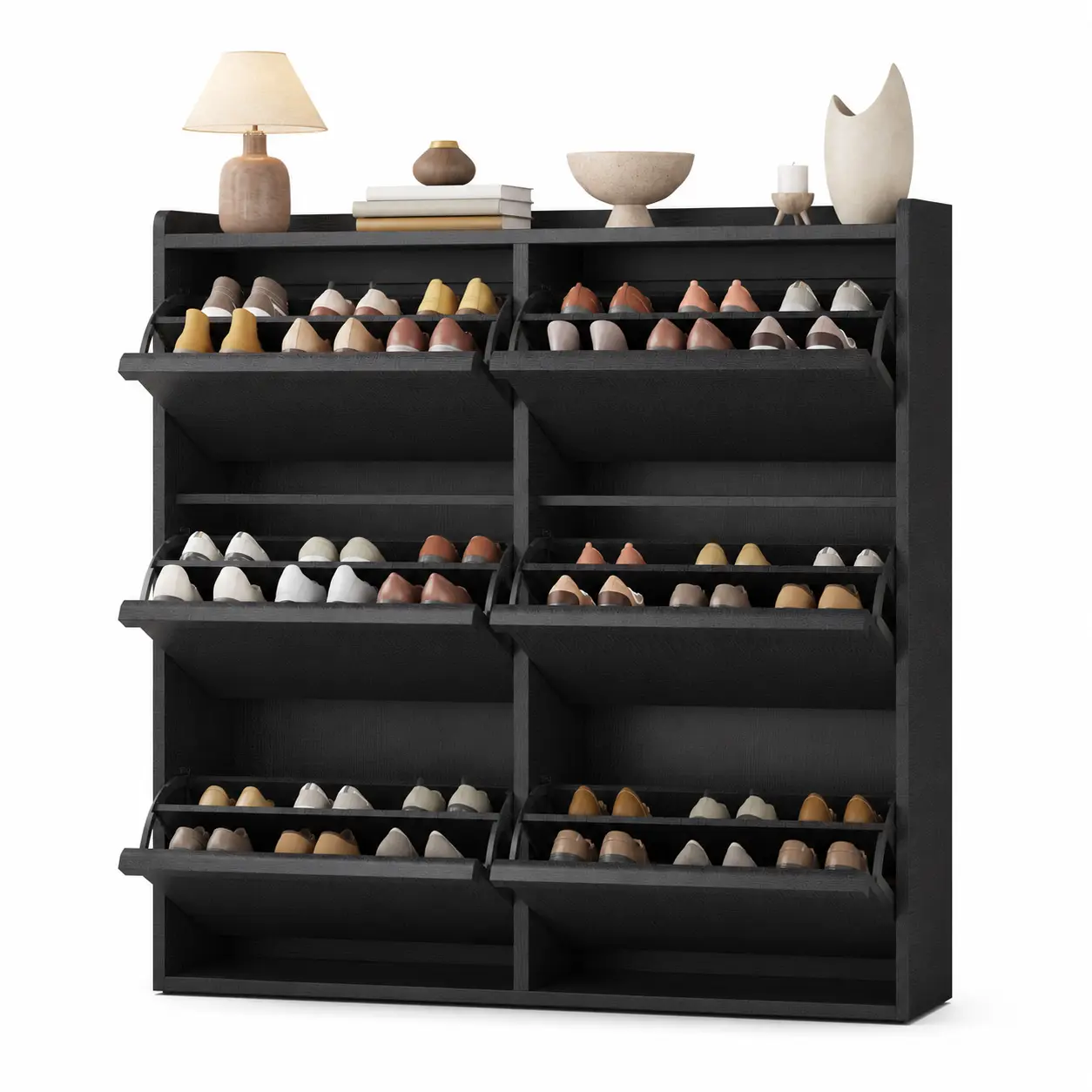 Tilt-Out Shoe Cabinet with Hidden Flip Drawers, Slim Wooden Shoe Storage Organizer with Adjustable Shelves, Space Saving Entryway Shoe Rack for Sneakers, Boots & Heels, Modern Freestanding Shoe Cabinet for Hallway, Closet, Bedroom and Small Spaces