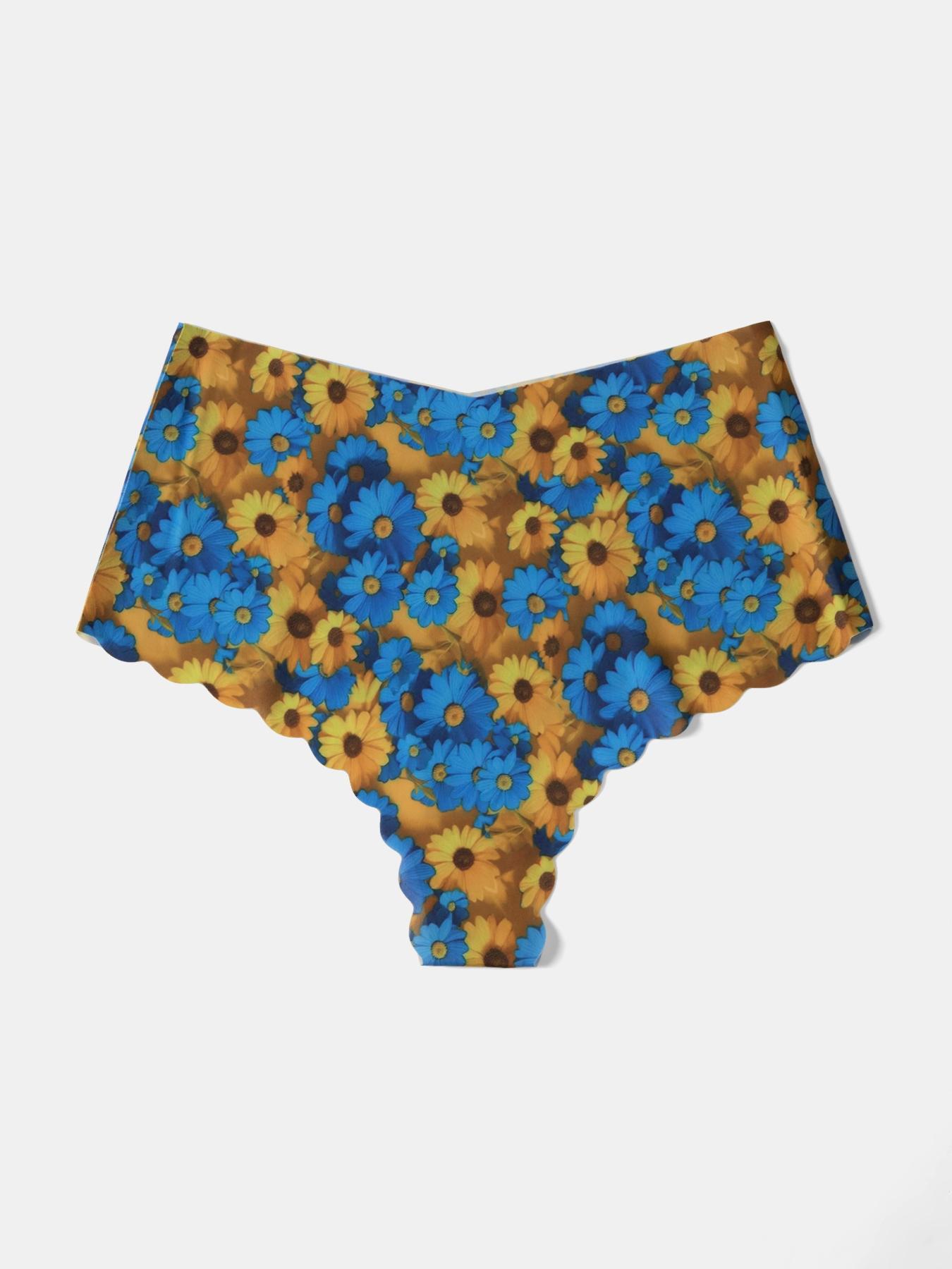 Women's High-Waisted Underwear Set, 7-Pack Seamless Ice Silk Wave-Edge Design, Casual Scallop Trim Panties for All-Season Floral Print Panty