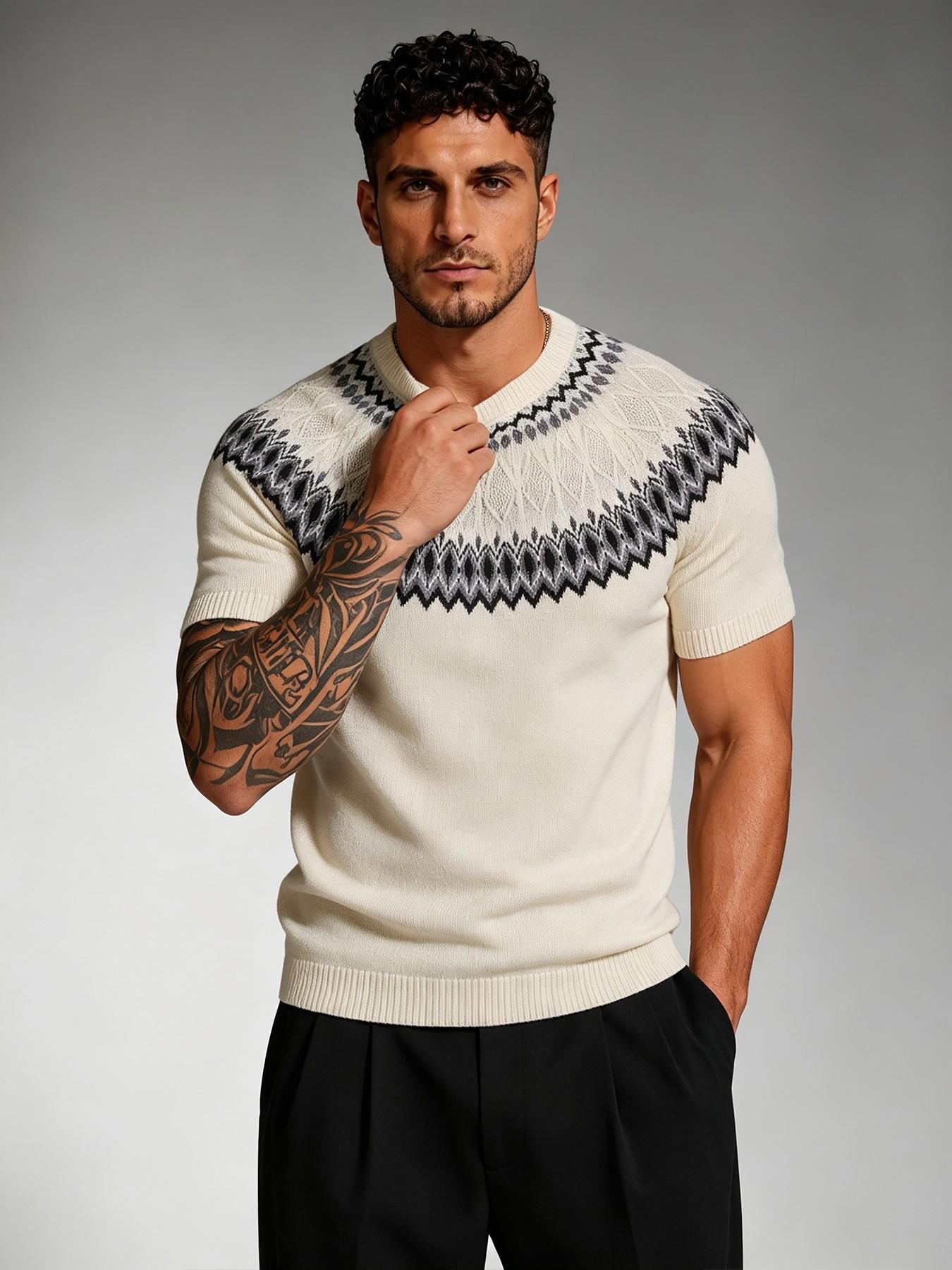 Men's Crew Neck Short Sleeve Knit Sweater, Retro Classic Graphic Knit Pullover, Spring Summer Smart Casual Daily, Comfortable and Stylish