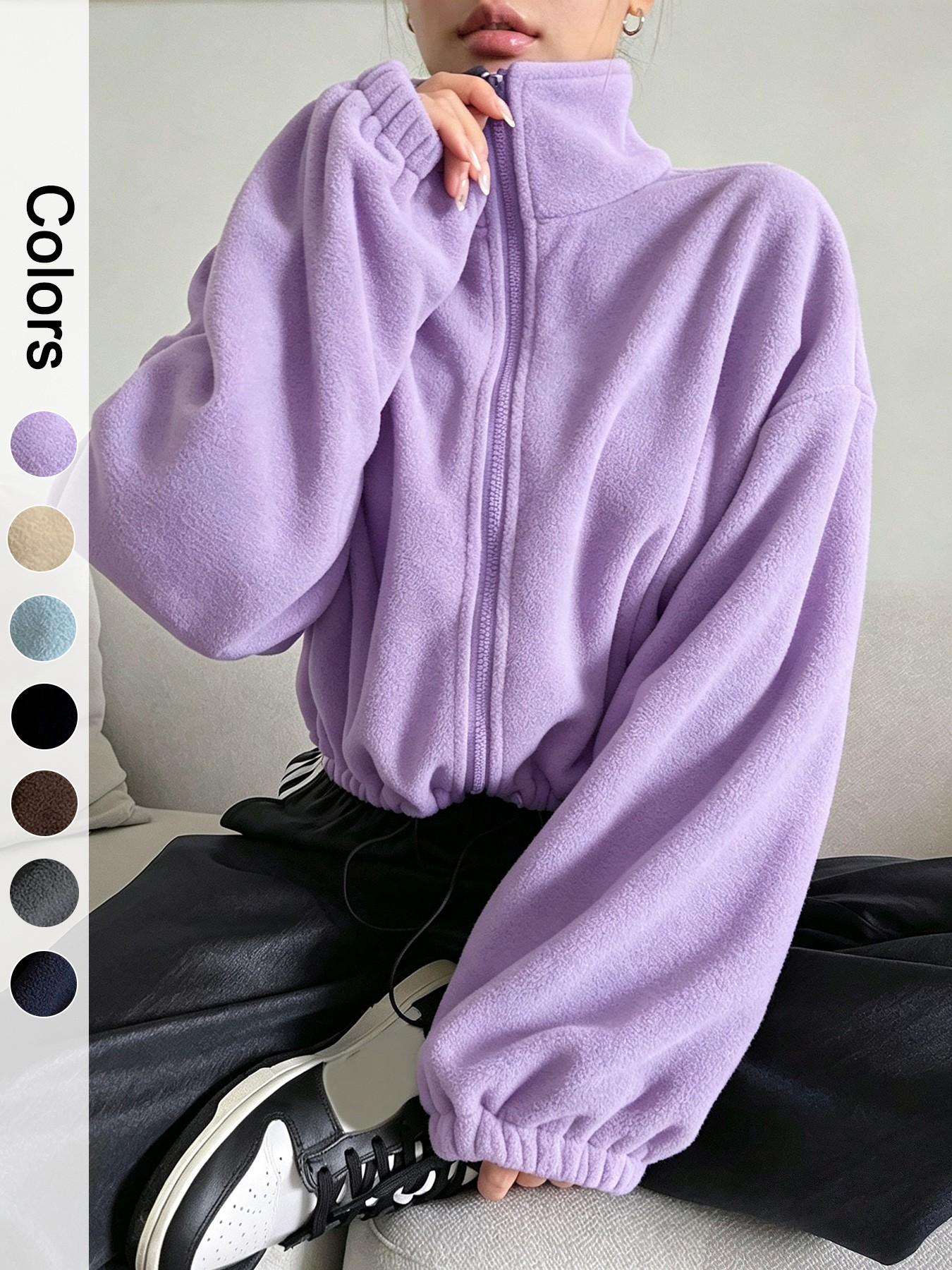 Women's Polar Fleece Zipper Jacket Coats, Long Sleeve Short Stand Collar Design, Perfect for Autumn & Winter, Casual Stylish Ladies Outerwear