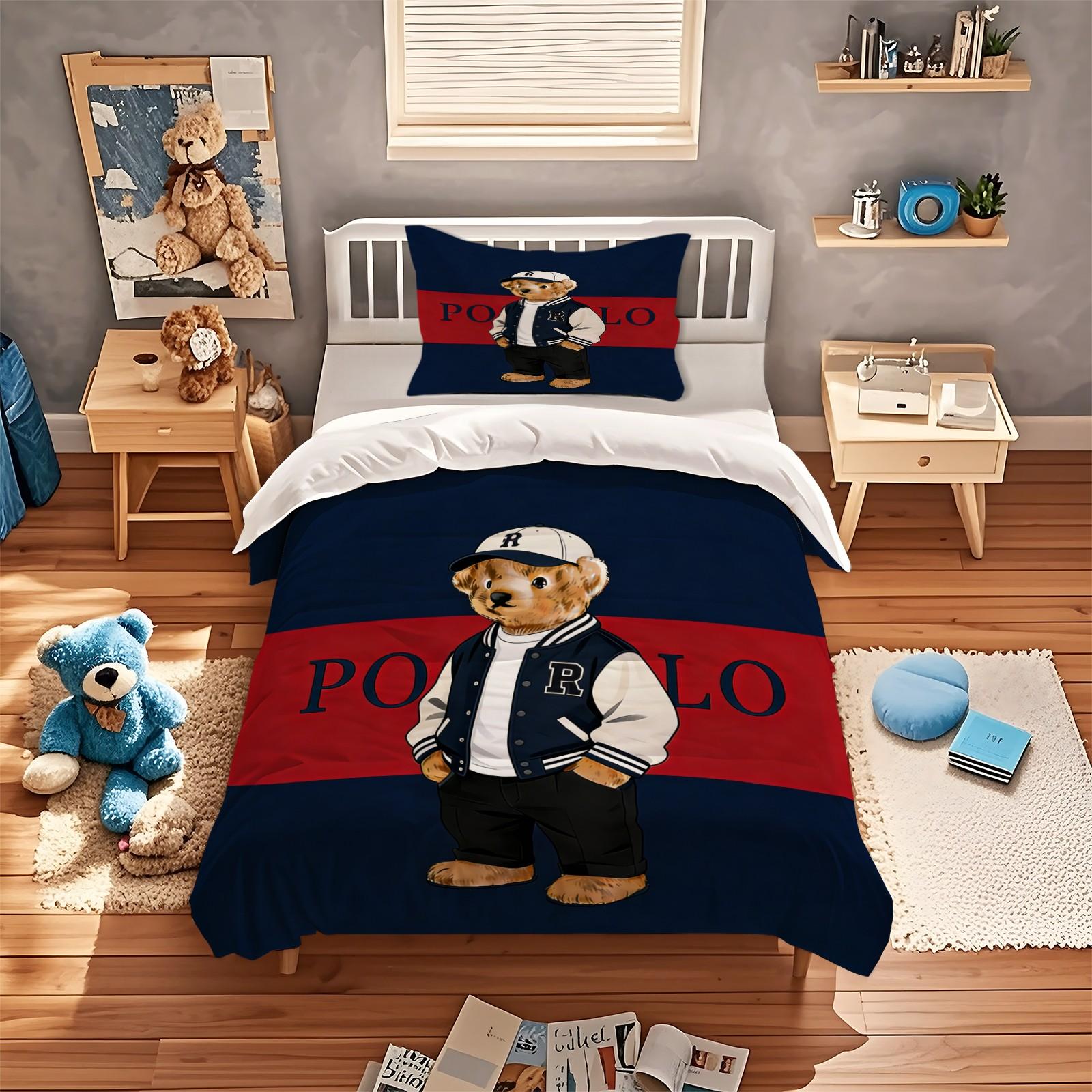 Striped Bear Pattern Print Soft and Durable Bedding Set, Includes 1 Duvet Cover and 1 or 2 Pillowcases, Excludes Quilt and Pillow Inserts, Suitable as Gifts for Teens and Adults, Modern Stylish Bedroom Bed Decorations