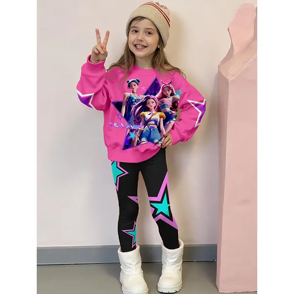 2pcs/Set Cute Rabbit & Leopard Print Top, Girls Crew Neck Sweatshirt And Leggings Set, Fashionable Casual, Suitable For Autumn/Winter
