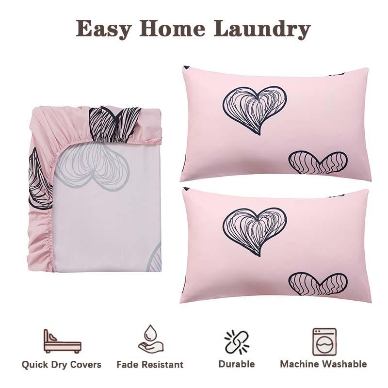Simple Love Print Fitted Sheet Set, 1 fitted sheet + 2 pillowcases, no inserts included. Soft and comfortable bedding set, suitable for bedrooms and guest rooms, deep pocket design.