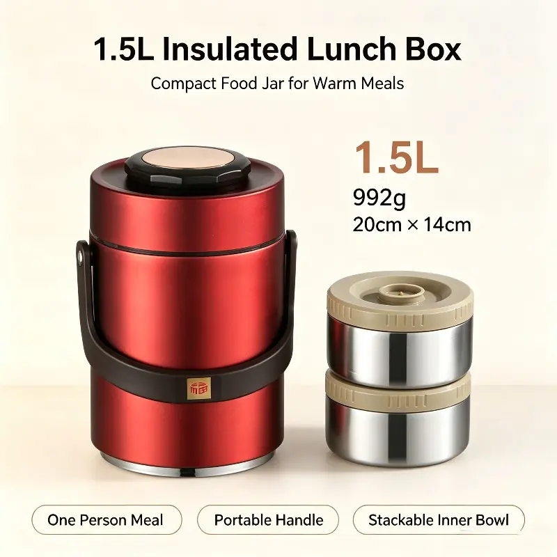 1.5L Stainless Steel Insulated Lunch Bucket, Portable Thermal Food Carrier with 2 Stackable Inner Bowls, Leakproof Hot Food Container for Office Workers Commute School Picnic