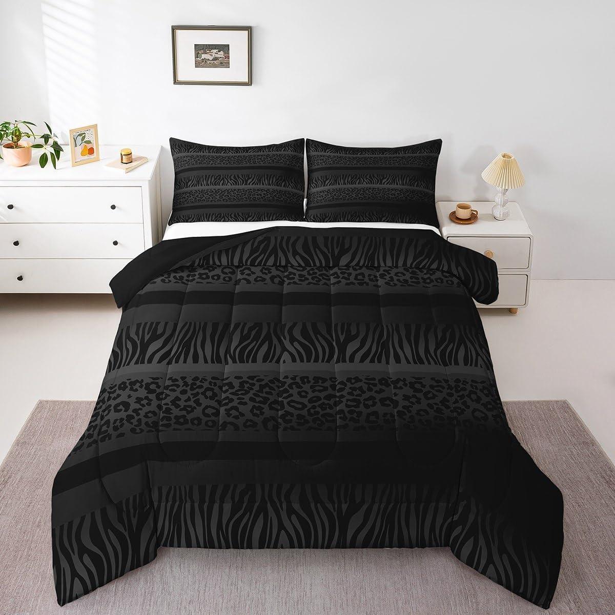 3-piece Black Leopard Print Quilted Comforter Set, Soft Bedding Sets (1 comforter + 2 pillowcases, pillowcases without inserts), available in Twin, Full, Queen sizes, U-shaped quilting, comforter with 200gsm filling