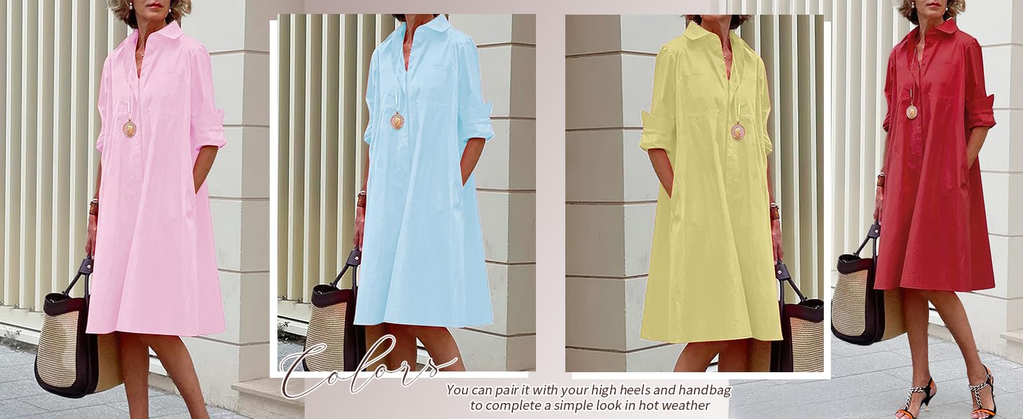 Chouyatou women's spring and summer loose long-sleeved solid color dress casual cotton button-down mid-length shirt dress Chouyatou women's spring and summer loose long-sleeved solid color dress casual cotton button-down mid-length shirt dress