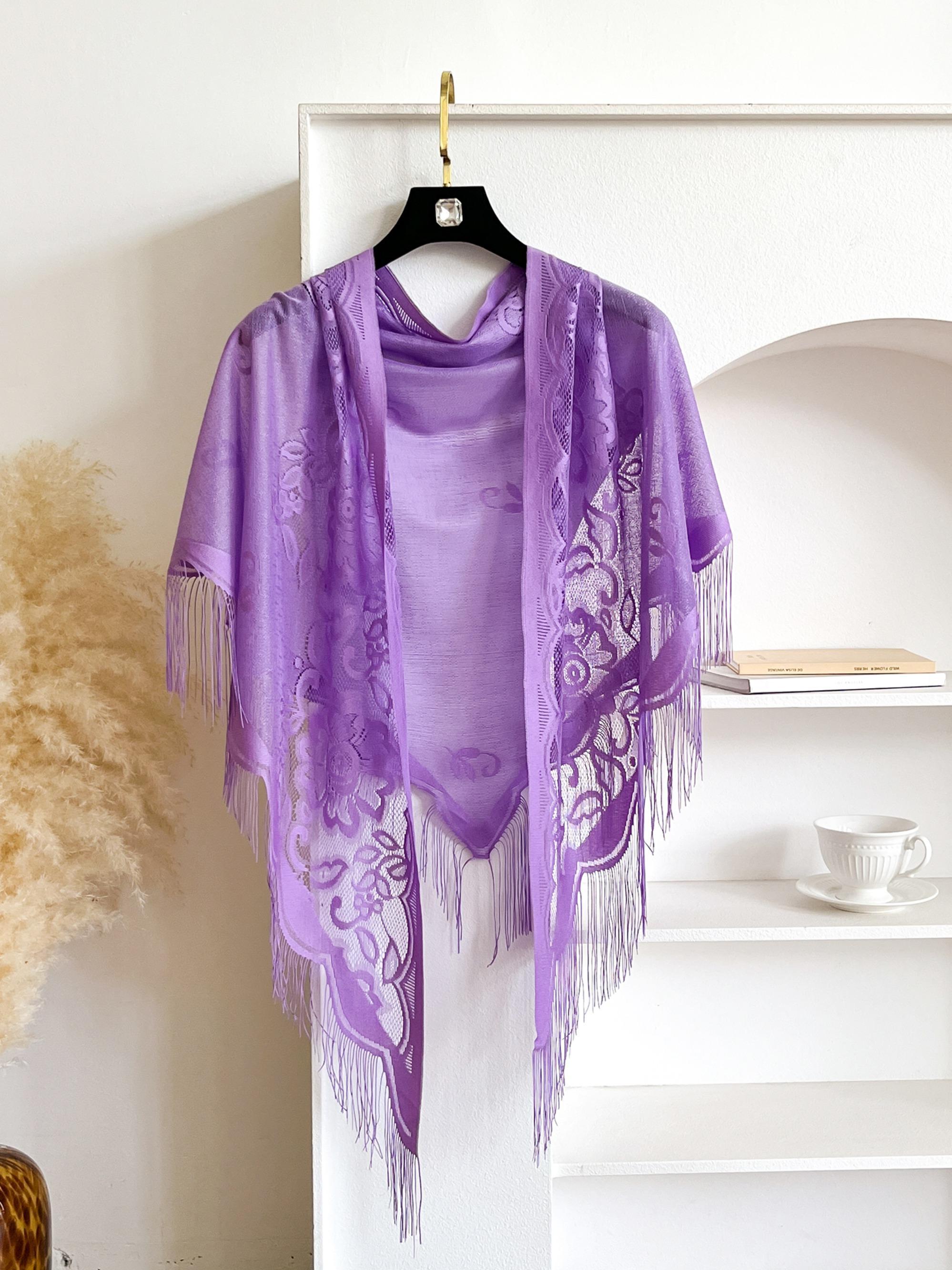 Women's Floral Lace Shawl Wrap, Elegant Sheer Scarf with Fringe Trim, Lightweight Casual Soft Accessory for Daily Wear, Casual Soft Shawl, Floral Print Shawl