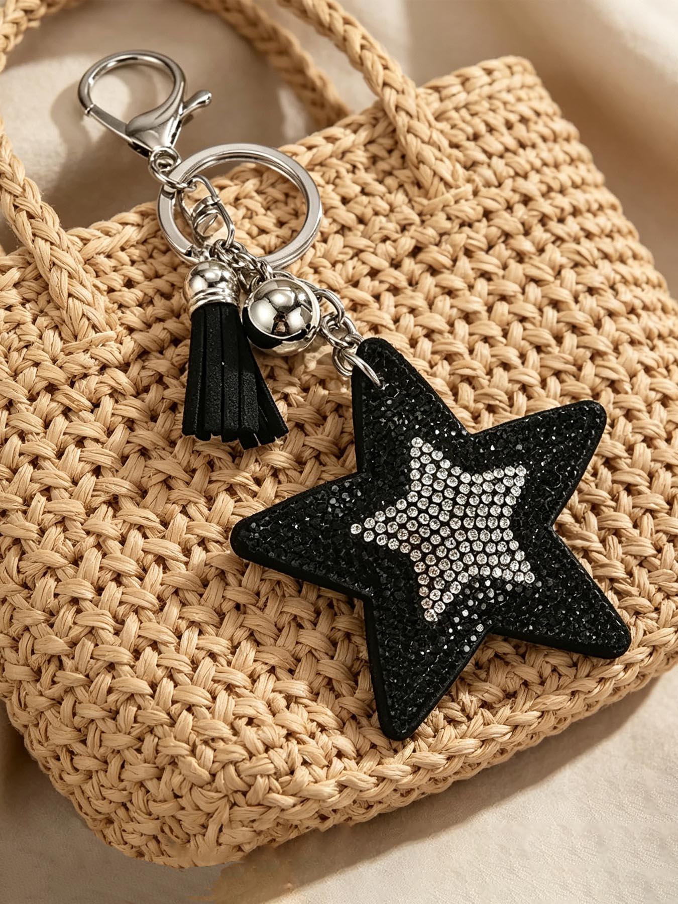 Elegant Two-Tone Rhinestone Star Sequin Keychain, Boho Style Beach Bag Charm, Dual-Sided Design, Fringe Key Ring Accessory