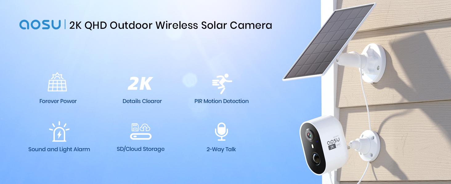 【Hot selling】AOSU 2K Solar Security Cameras Wireless Outdoor, Solar Outside Camera for Home Security, WiFi Camera with Color Night Vision, PIR Human Detection, 2-Way Talk, IP66 Waterproof, HomeBase not Compatible