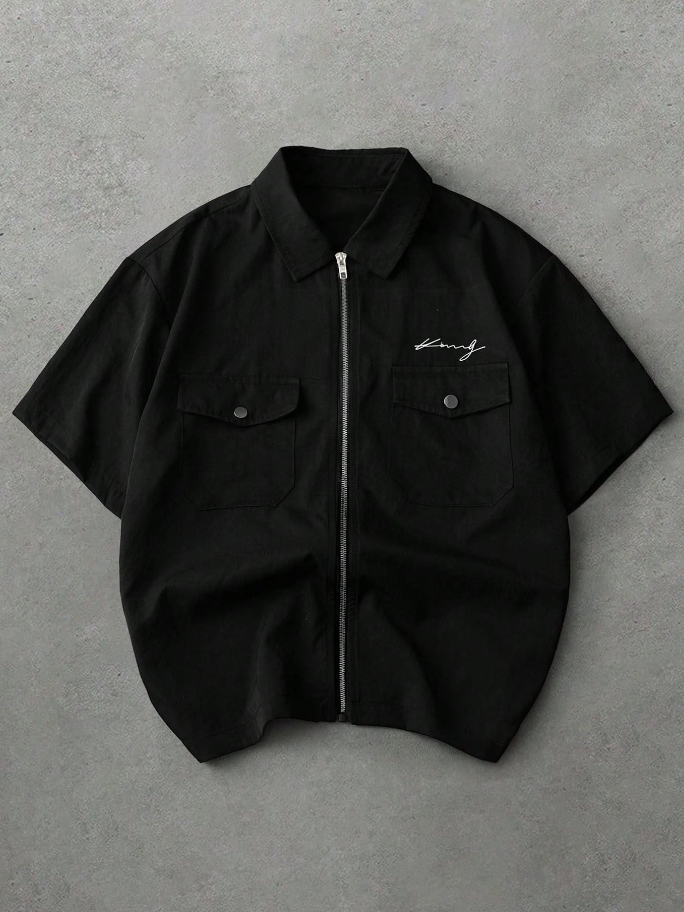 Neutral Zipper Short Sleeve Shirt, Casual Signature Embroidery Pocket Streetwear Top, Loose-Fitting Figure Pattern Clothing