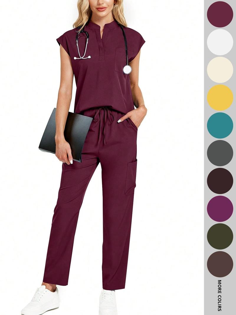 Cimmuovere Women's Solid Notched Neck Batwing Sleeve Top & Drawstring Waist Pants Two-Piece Scrub Set, Casual Cap Sleeve Top & Pocket Trousers for Summer, Vital Scrub Top, Women's Uniforms for Work, Medical Scrub Sets
