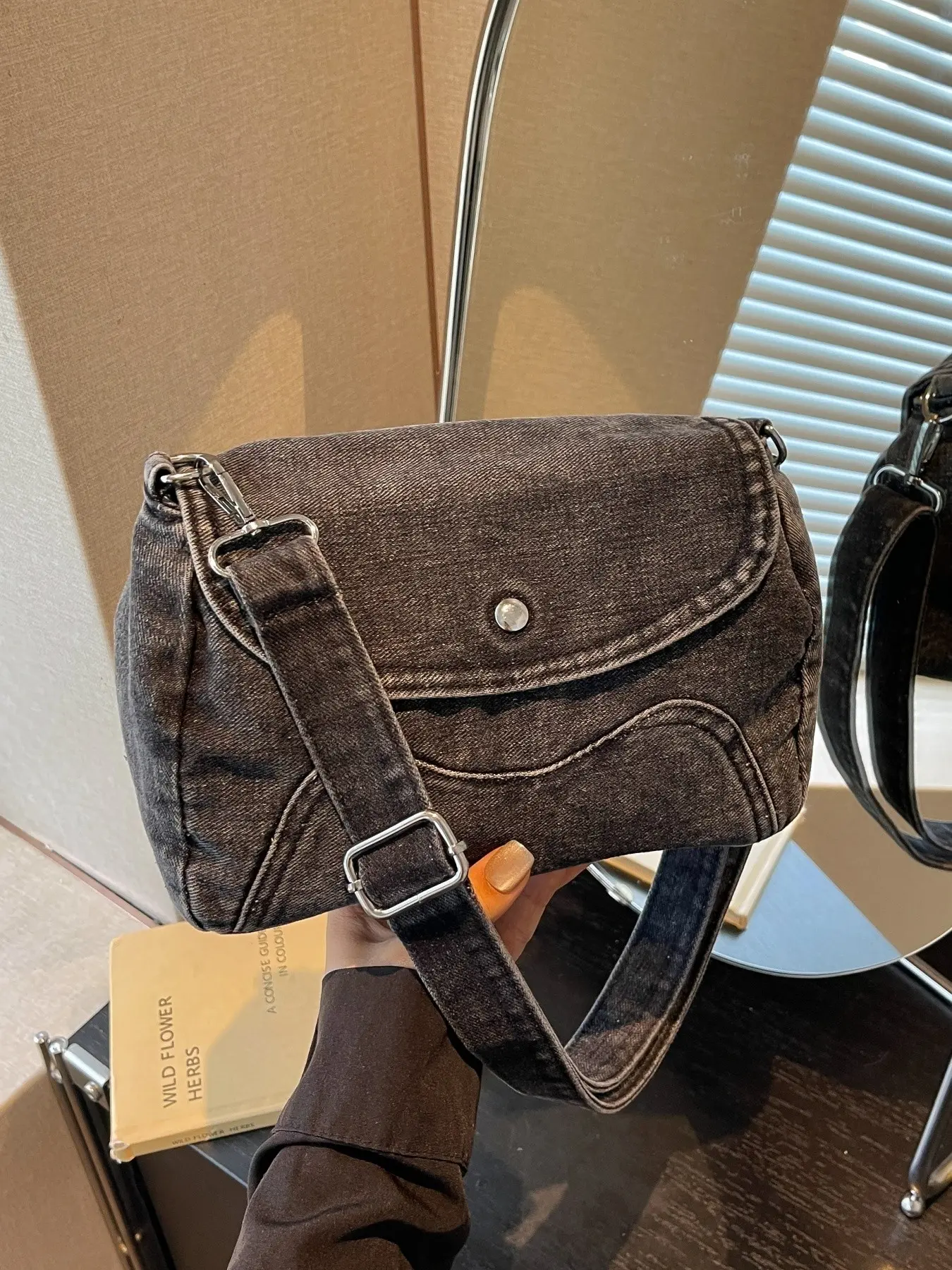 Dark Denim Flip-Top Saddle Bag, Button Closure, Durable Fabric, Everyday Wear, Crossbody Small Bag, Fashionable and Practical