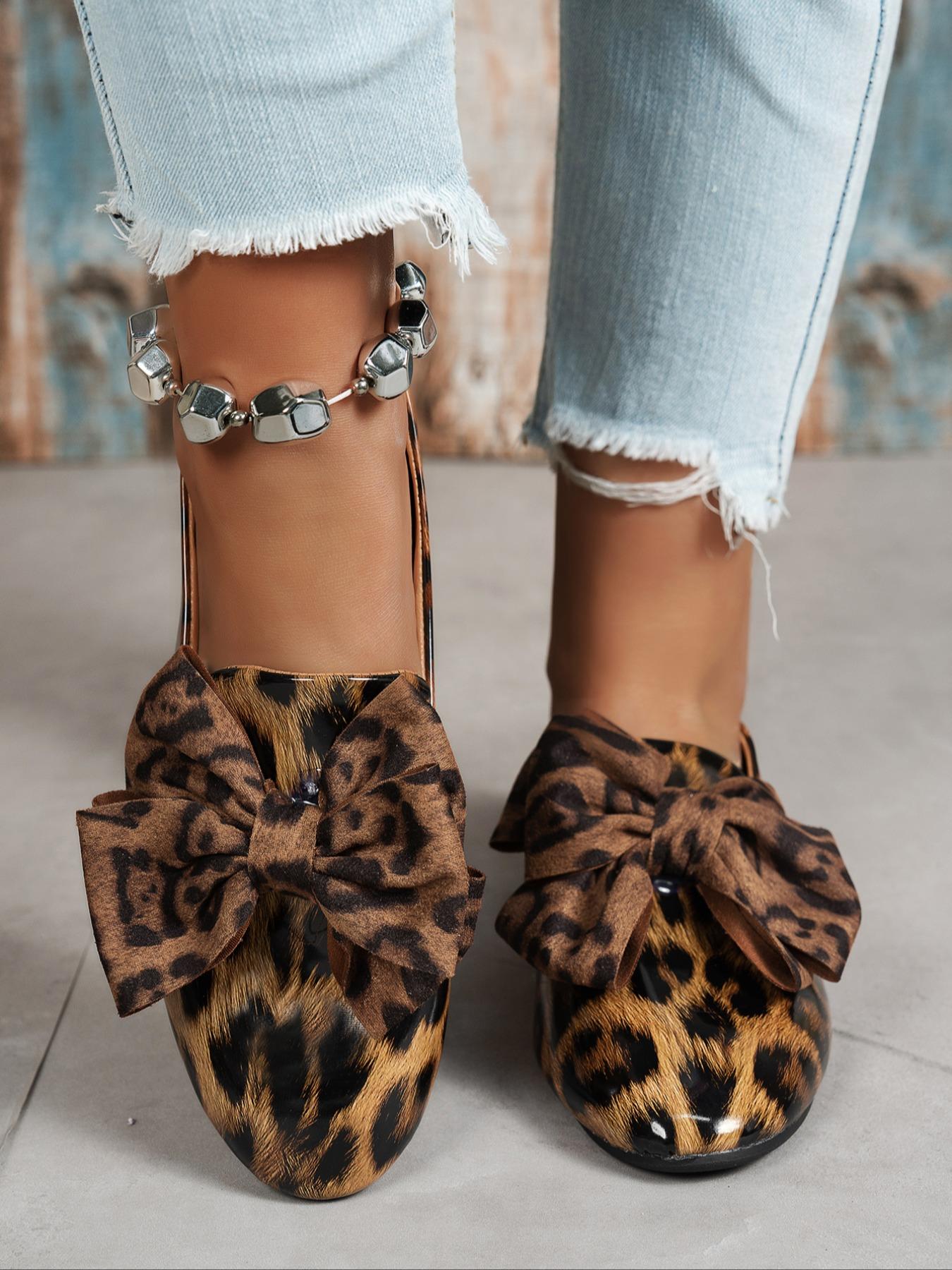 Women's Fashion Casual Flat Shoes, Round Toe Flats, Bowknot Decoration, Leopard Texture Elegant Versatile Basic, Large Size Comfortable Women's Shoes
