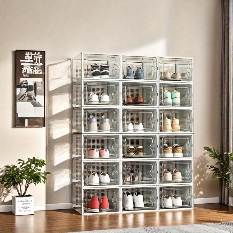 12-Piece Stackable Shoe Storage Containers, Transparent Front Design, Breathable Material, Ideal for Sports Shoes & High Heels