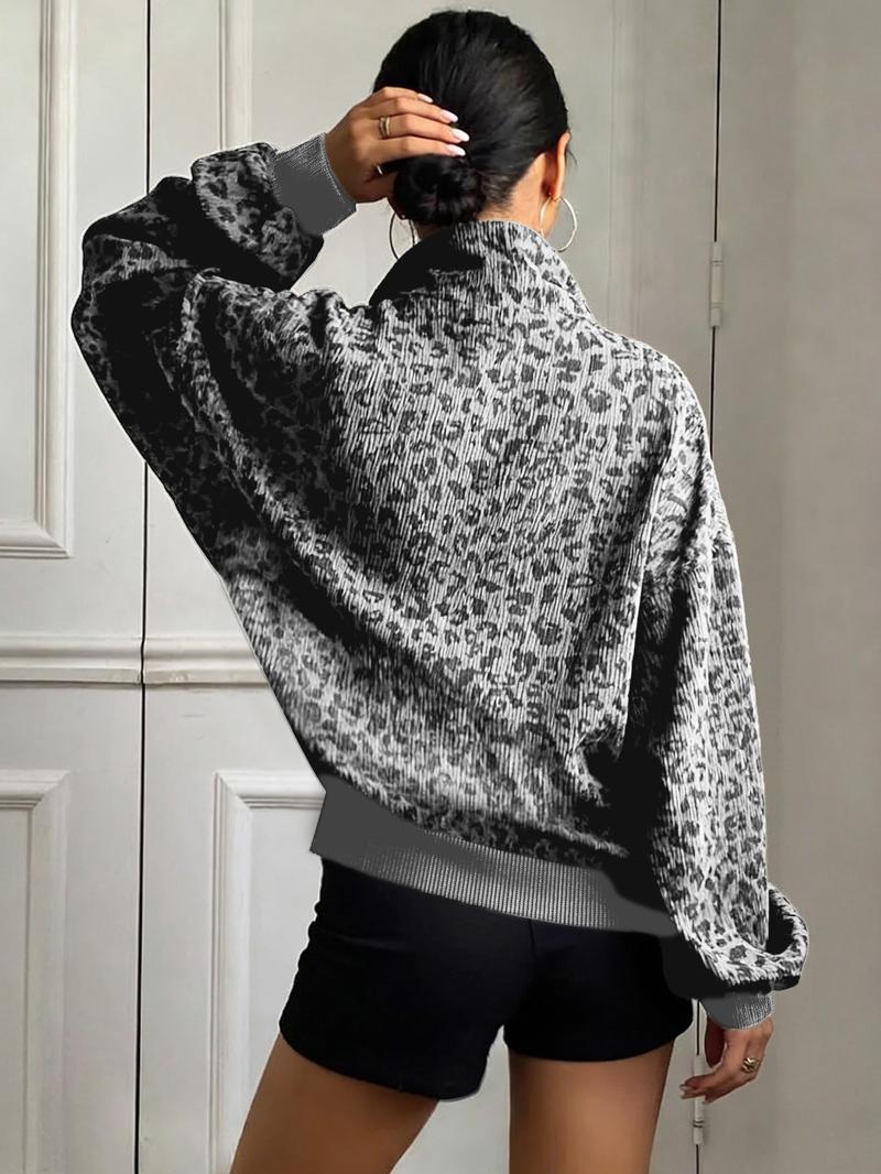 Plus Women Leopard Print Long Sleeve Casual Sweatshirt – Half-Zip V-Neck & Puff Sleeves Design, Perfect for Y2K Grunge or Casual Lazy Vibes, Soft Knit Fabric with Contrast Trim