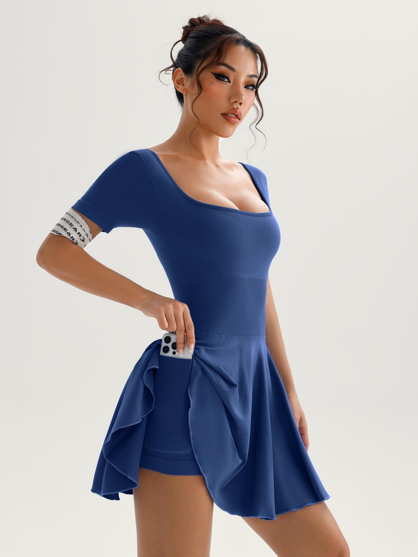 Women's Solid Square Neck Sports Dress Athletic Tennis Dress Inner Pocket, Casual Sporty Short Sleeve Skorts Dress for Daily Outdoor Sport, Ladies Sportswear for All Seasons, Womenswear