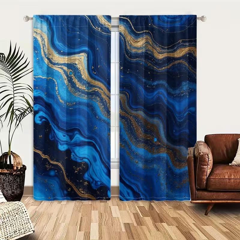 2 pieces of swirl blue and gold marble pattern printed curtains for elephants, made of polyester and semi-transparent, machine washable, suitable for bedrooms, living rooms and home decoration.