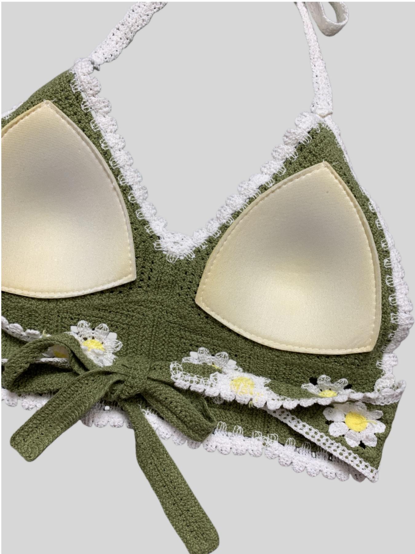 Boho Embroidered Flower Bikini Set, Summer New Halter Backless Swimsuit with Padded Bra, Sexy Sleeveless Crop Top for Vacation and Party