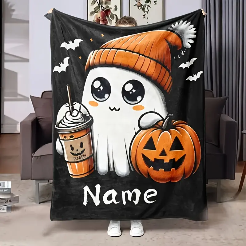 YHFZ 1-Piece Contemporary Mixed Colors Customizable Name Halloween Pumpkin Blanket - Soft Texture Home & Office Lightweight Flannel, Digitally Printed Gift for Friends, Ideal for Sofa, Travel