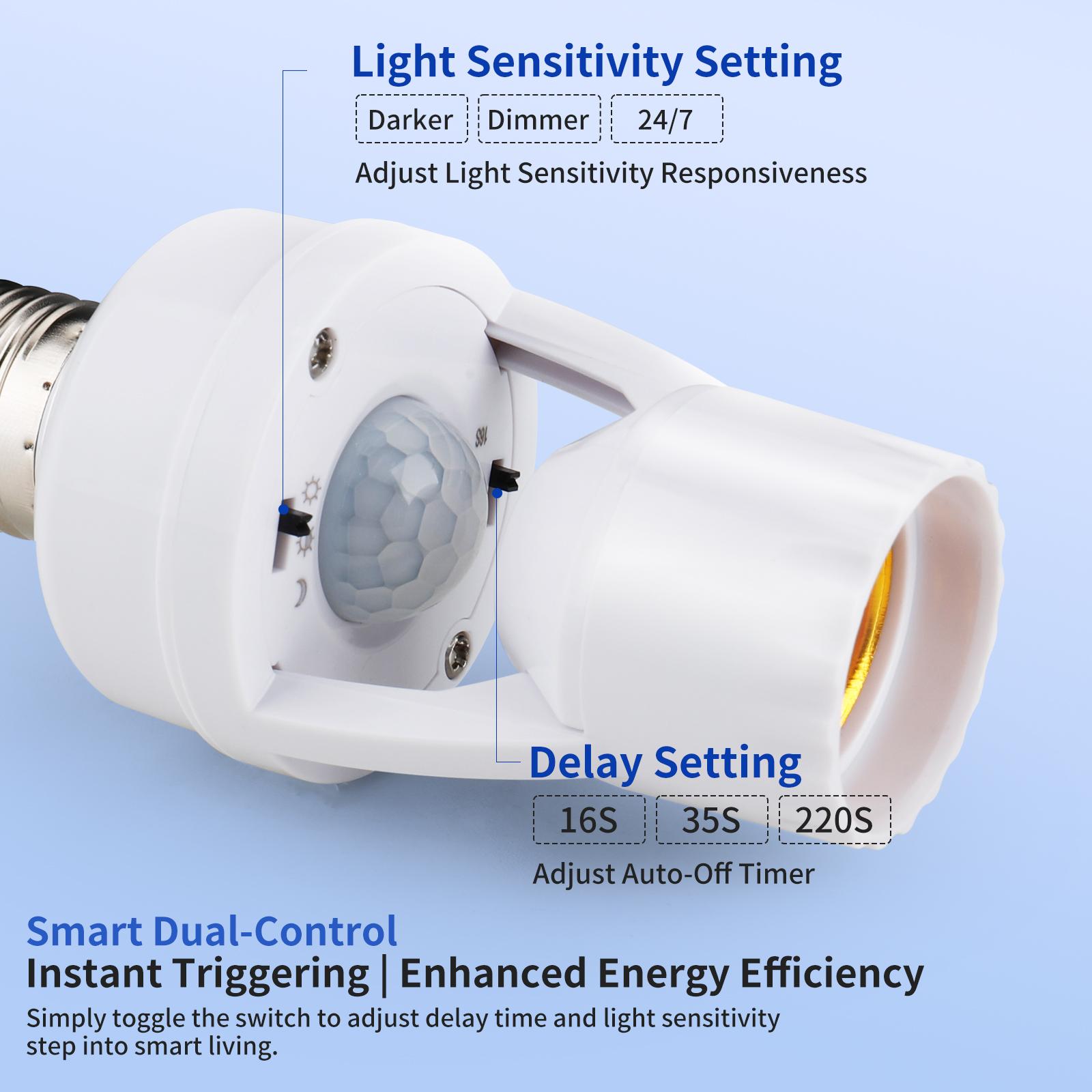 (2-Pack) Smart E27 Motion Sensor Light Socket | 360° Motion Detection, Energy Saving, No Drilling Required