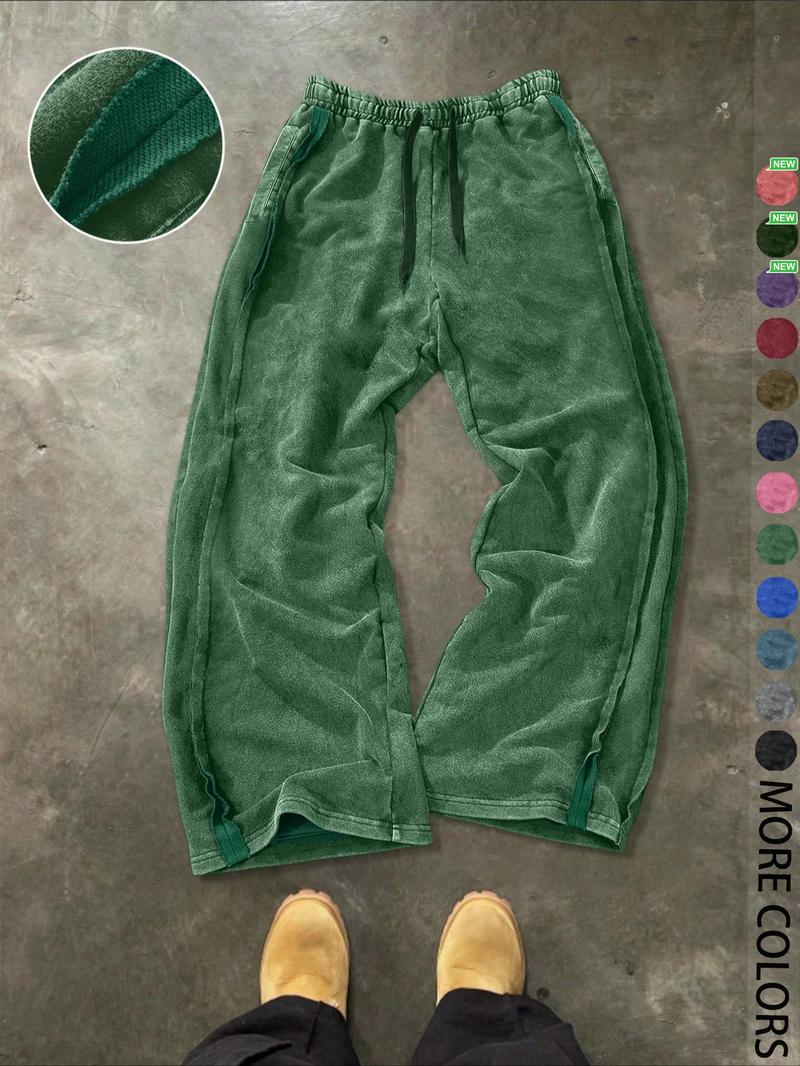Men's Streetwear Simple Cotton Sport Pants, Wide Leg Knit Sweatpants, Washed Cotton Fabric, Casual Loose Fit, All Seasons, Comfy Sweatpants