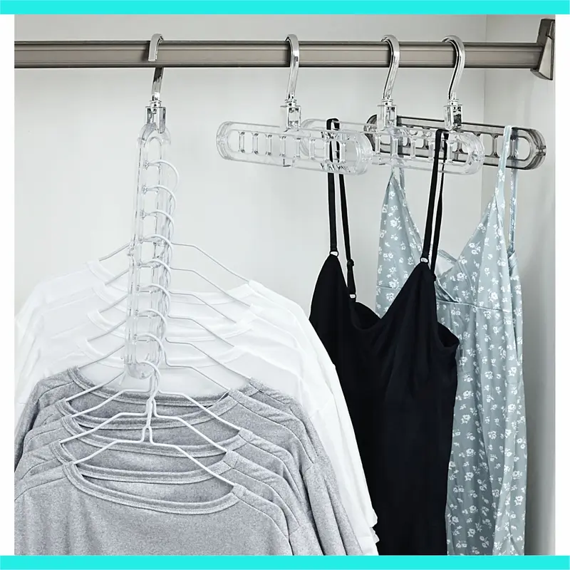 5-Pack Heavy-Duty Foldable Plastic Pants Hangers - 9 Holes, Adjustable Hooks, Anti-Slip Curved Shape Hanger, Compact House Accessories for Closet Hanging, Garage Home Storage Supplies