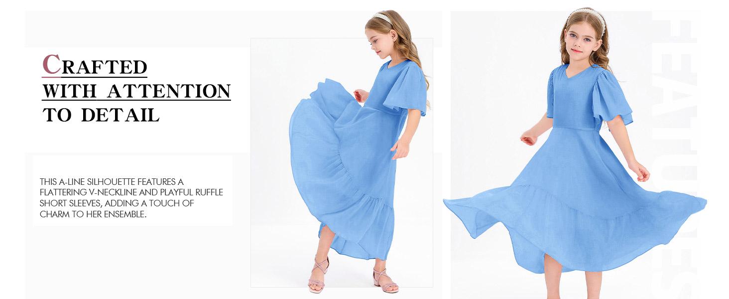Haloumoning Girls Ruffle Dresses Short Sleeve Junior Bridesmaid Party Dress | Casual, A Line, V Neck, Flowy, High Low, Formal, Maxi Long Dress for Girls