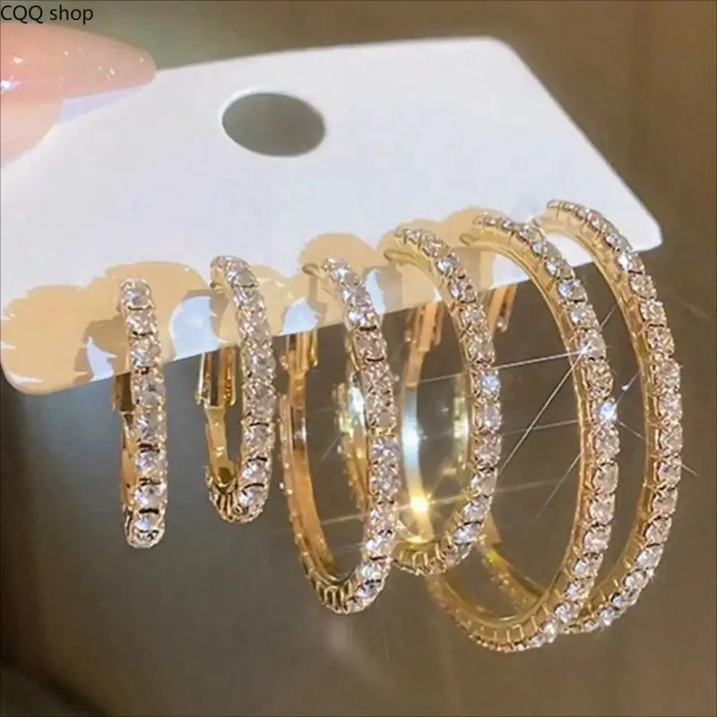 3‑Pair Multi‑Size Hoop Earrings Set, Iced‑Out Stackable Sparkling Rhinestone Hoops, Fashion Jewelry for Sensitive Ears